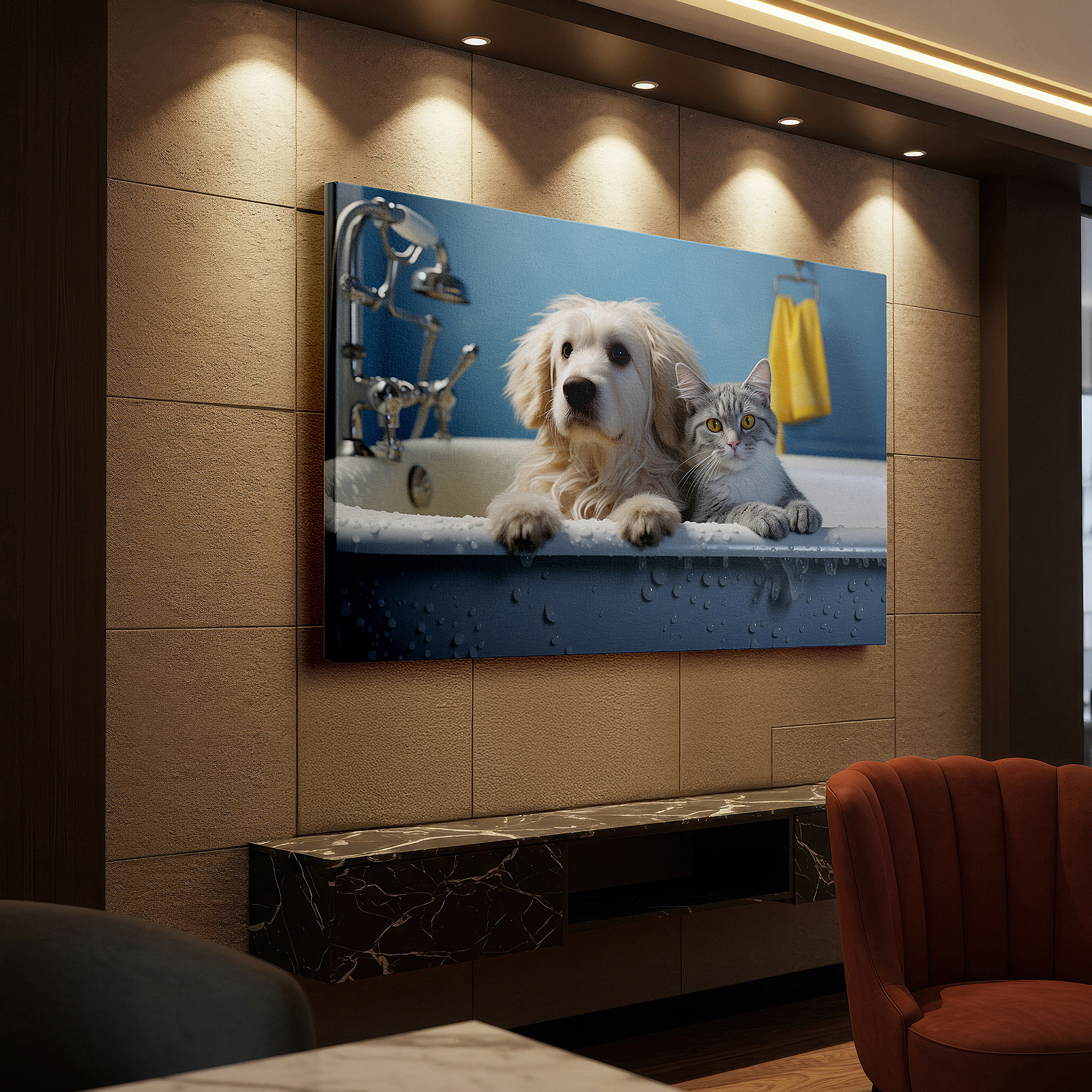 Featured in a dining room with dark wood furniture and candlelight — wall art: a whimsical scene of a golden dog and gray cat enjoying a peaceful bath together - large canvas wall art decor displaying interspecies friendship