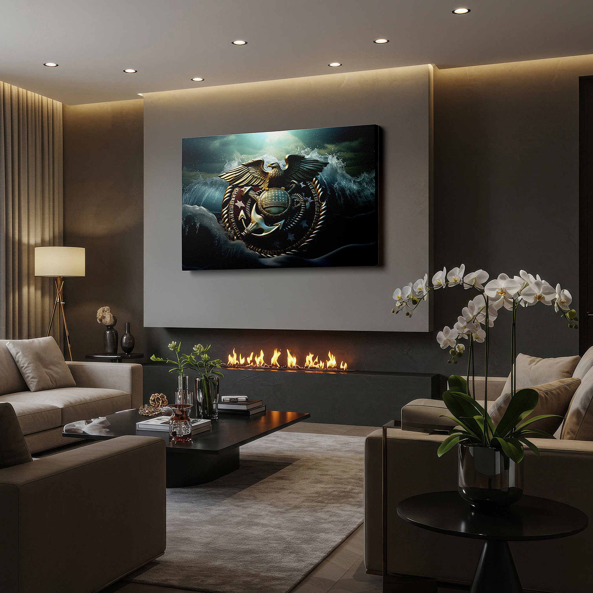 Featured in a dining room with dark wood furniture and candlelight — wall decor: majestic eagle on weathered anchor, emblematic of maritime power and national pride - large canvas art for office walls
