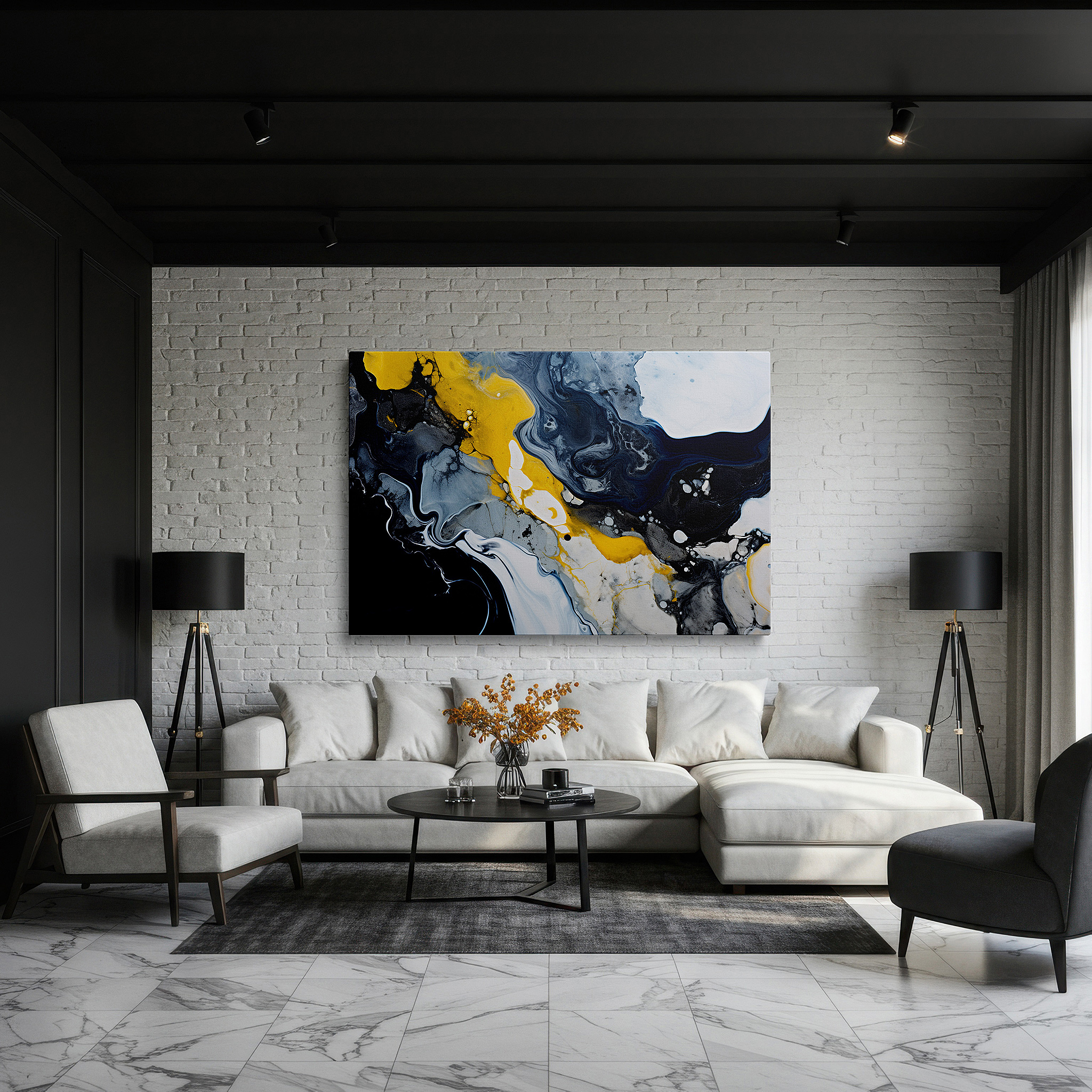 Framed by abstract decor and natural-toned accessories — abstract composition featuring dynamic interplay of yellow, grey, and black - large canvas wall art for office and bedroom decor