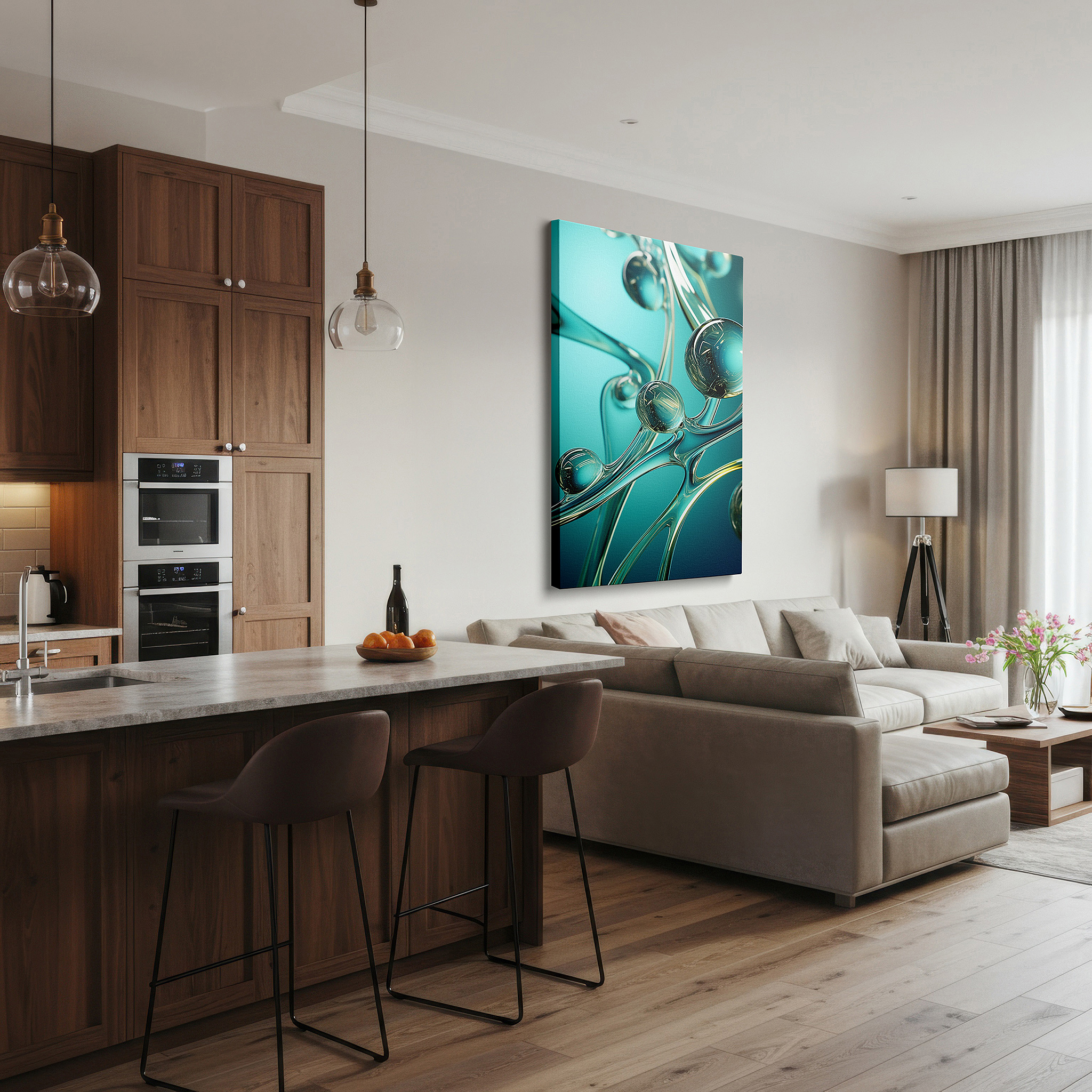 Framed by abstract decor and natural-toned accessories — abstract dance of molecular bonds in luminous spheres and flowing lines: large canvas wall art for office decor