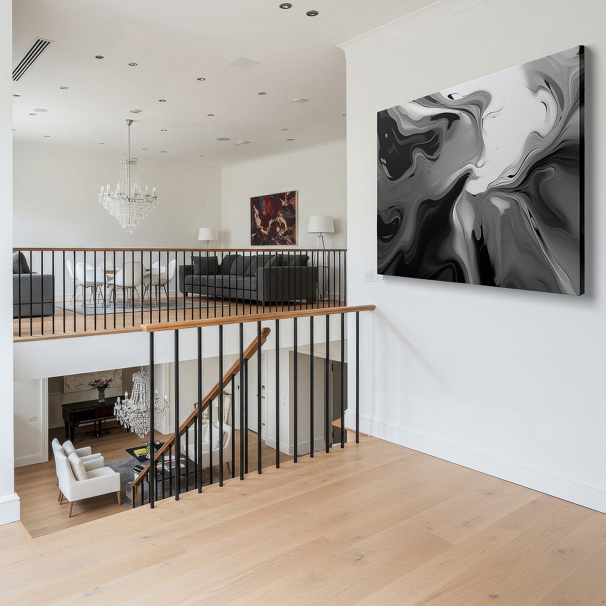 Framed by abstract decor and natural-toned accessories — abstract fluidity in black and white: a dance of shadows and light - large canvas wall art for office and bedroom decor