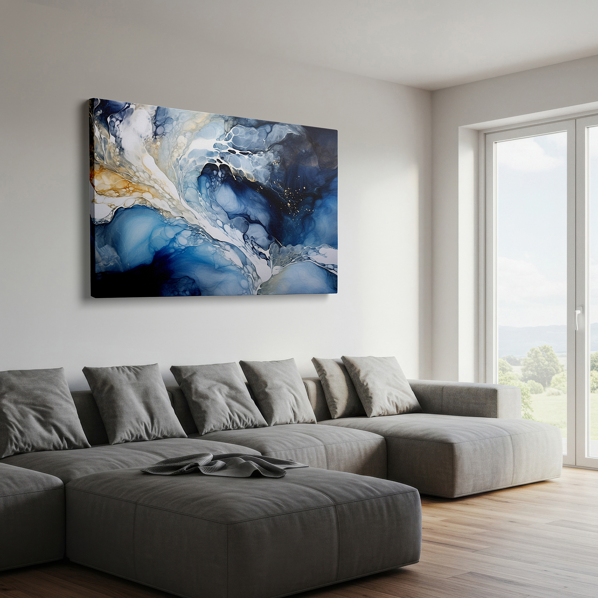 Framed by abstract decor and natural-toned accessories — abstract harmony: tranquil hues and fluid lines large wall art, canvas wall art, decor for office, bedroom, and living room