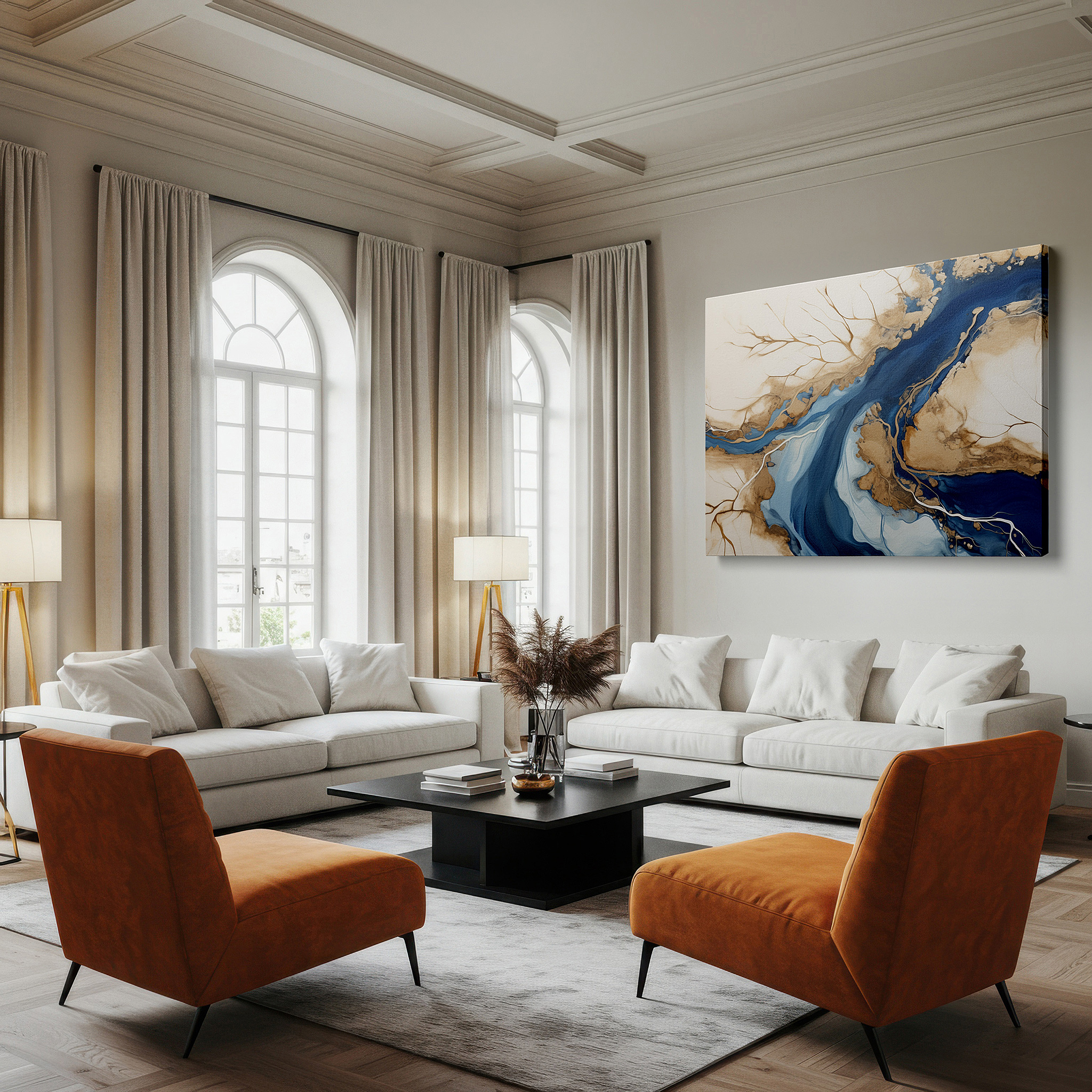Framed by abstract decor and natural-toned accessories — abstract waterways in blue and earth tones, tranquil large wall art, canvas decor for office