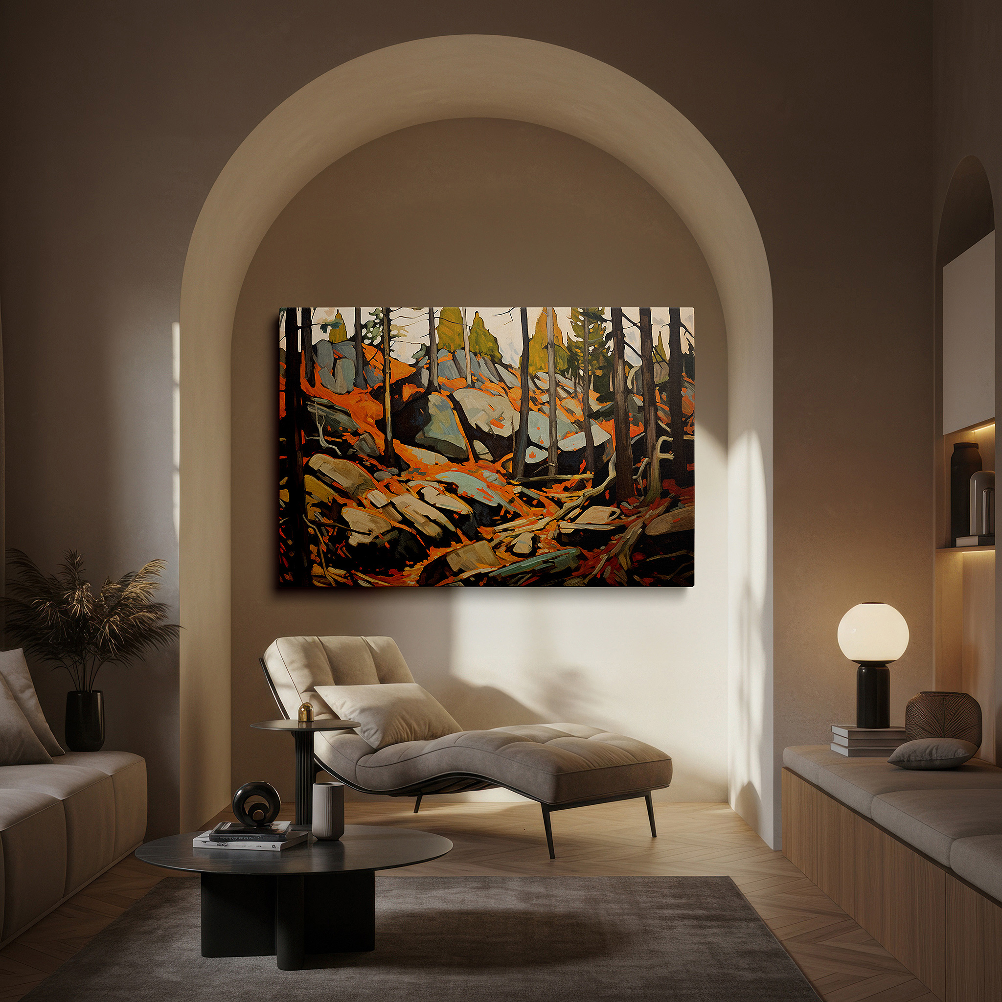 Framed by abstract decor and natural-toned accessories — autumn forest scene with vibrant leaves and sunlit treetops - large canvas wall art for office, bedroom, and living room decor