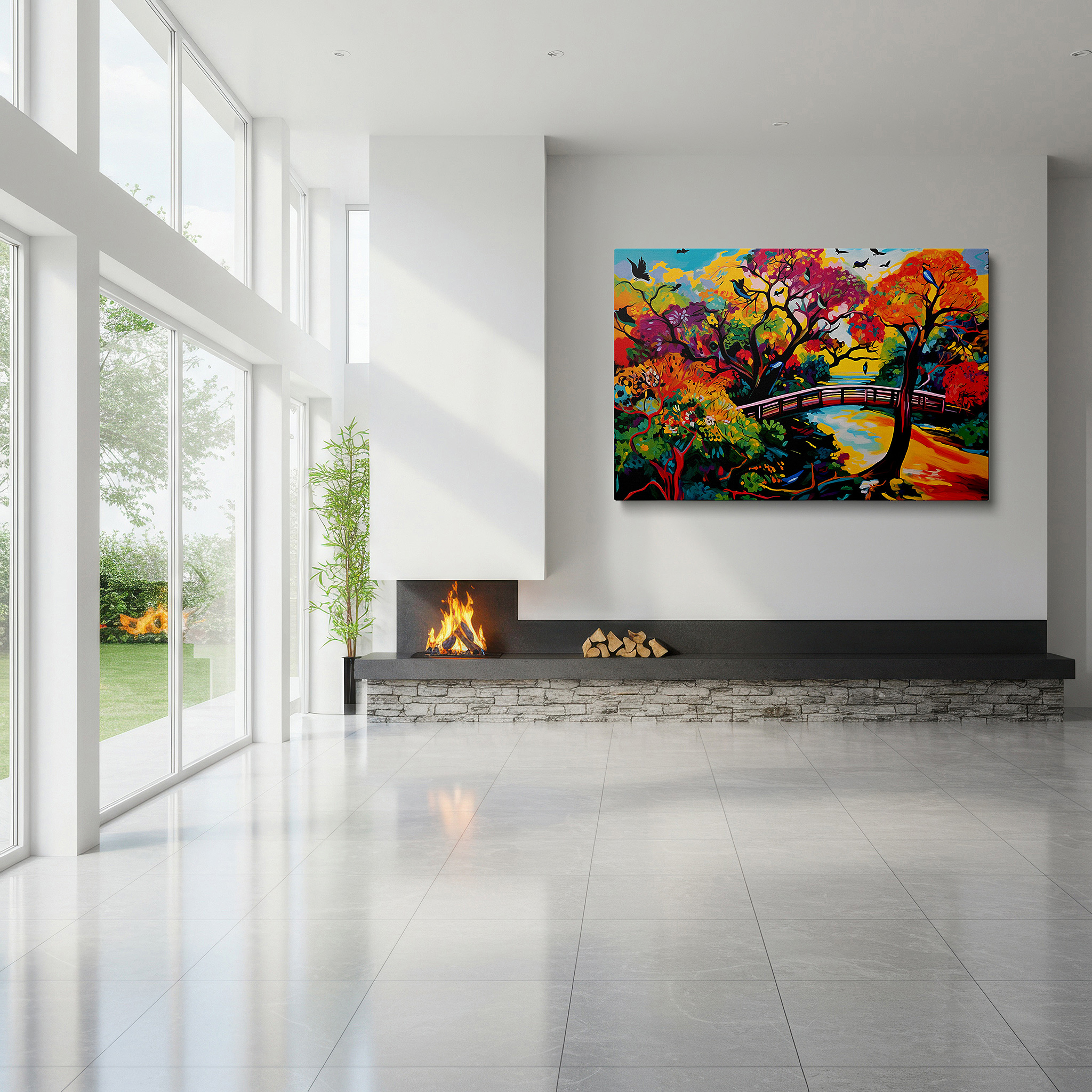 Framed by abstract decor and natural-toned accessories — autumn's gateway - a striking oil painting of rustic bridges and bright autumn leaves, large wall art, canvas wall art, wall decor for office and bedroom