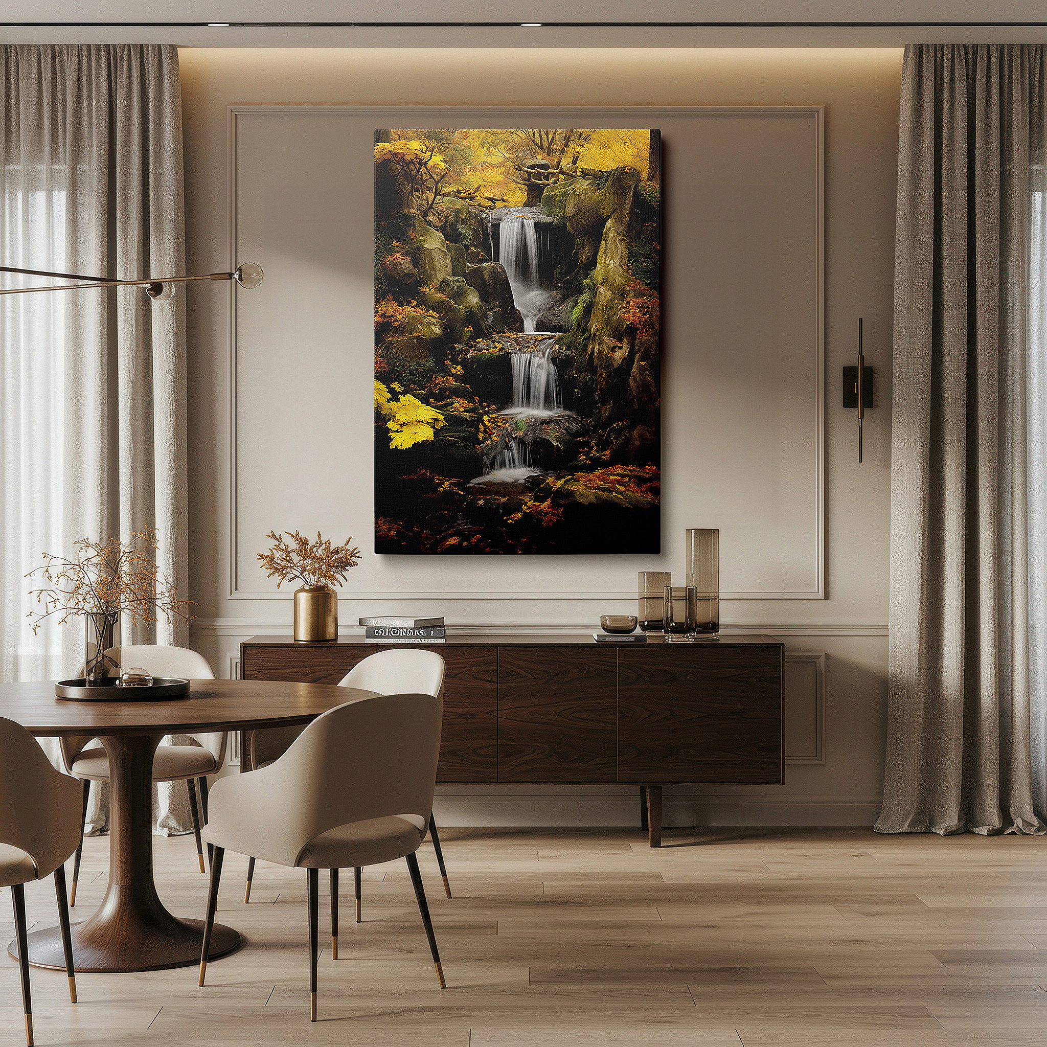 Framed by abstract decor and natural-toned accessories — autumn waterfall elegance wall art: experience the tranquil symphony of cascading waters and vibrant foliage - large canvas wall art for home and office decor