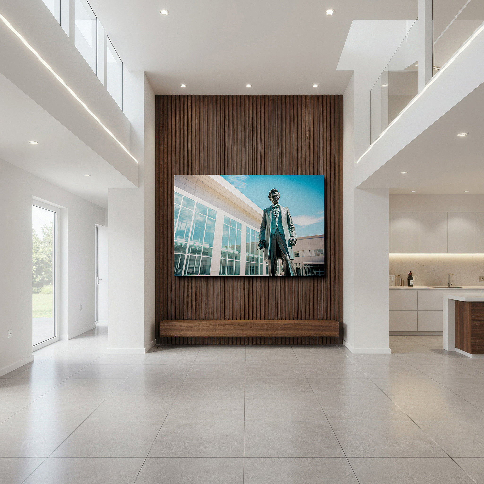 Framed by abstract decor and natural-toned accessories — bronze statue and modern architecture: a timeless conversation - large canvas wall art for office, bedroom, and living room decor