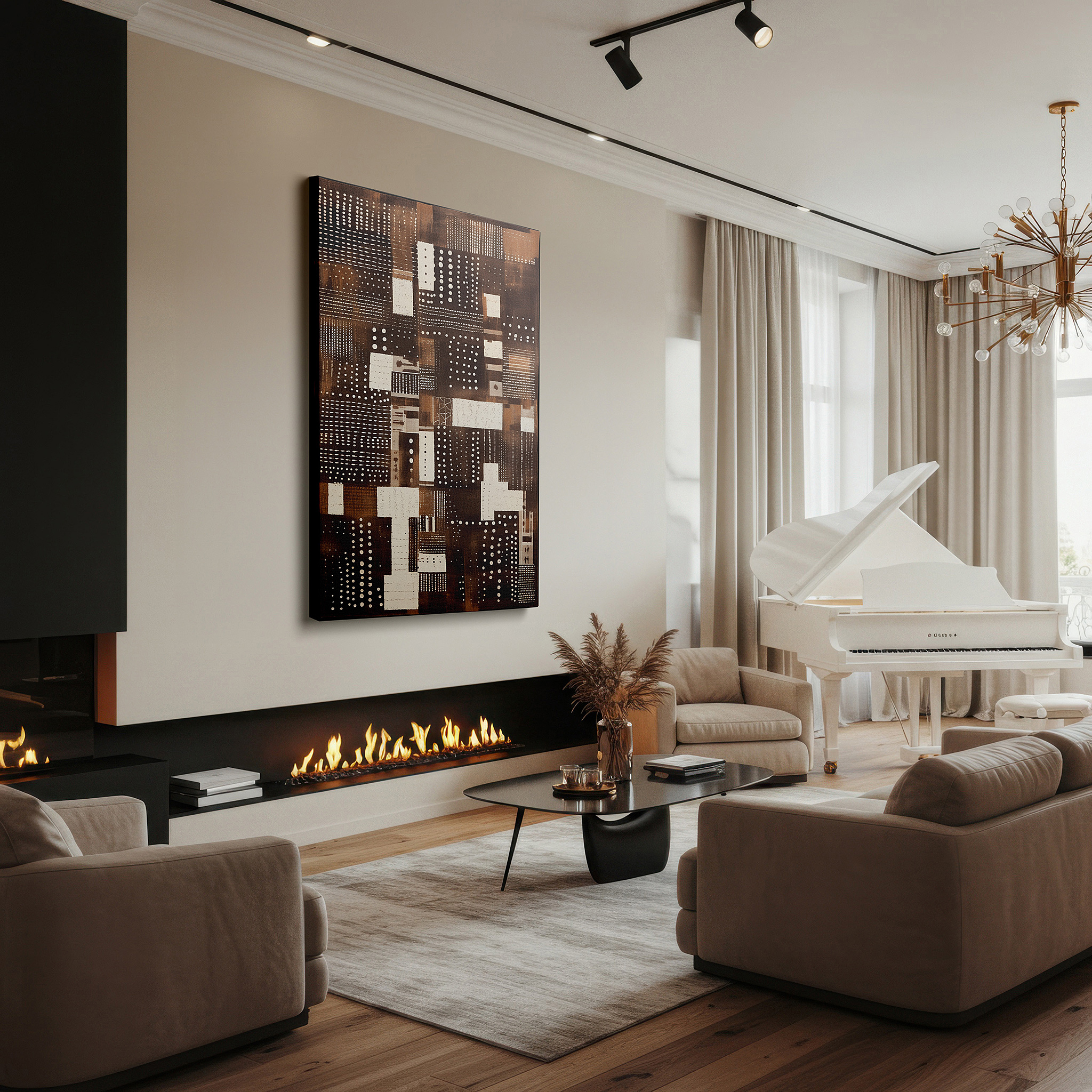 Framed by abstract decor and natural-toned accessories — brown and white symphony: a dance of patterns and light - large canvas wall art for office and bedroom decor