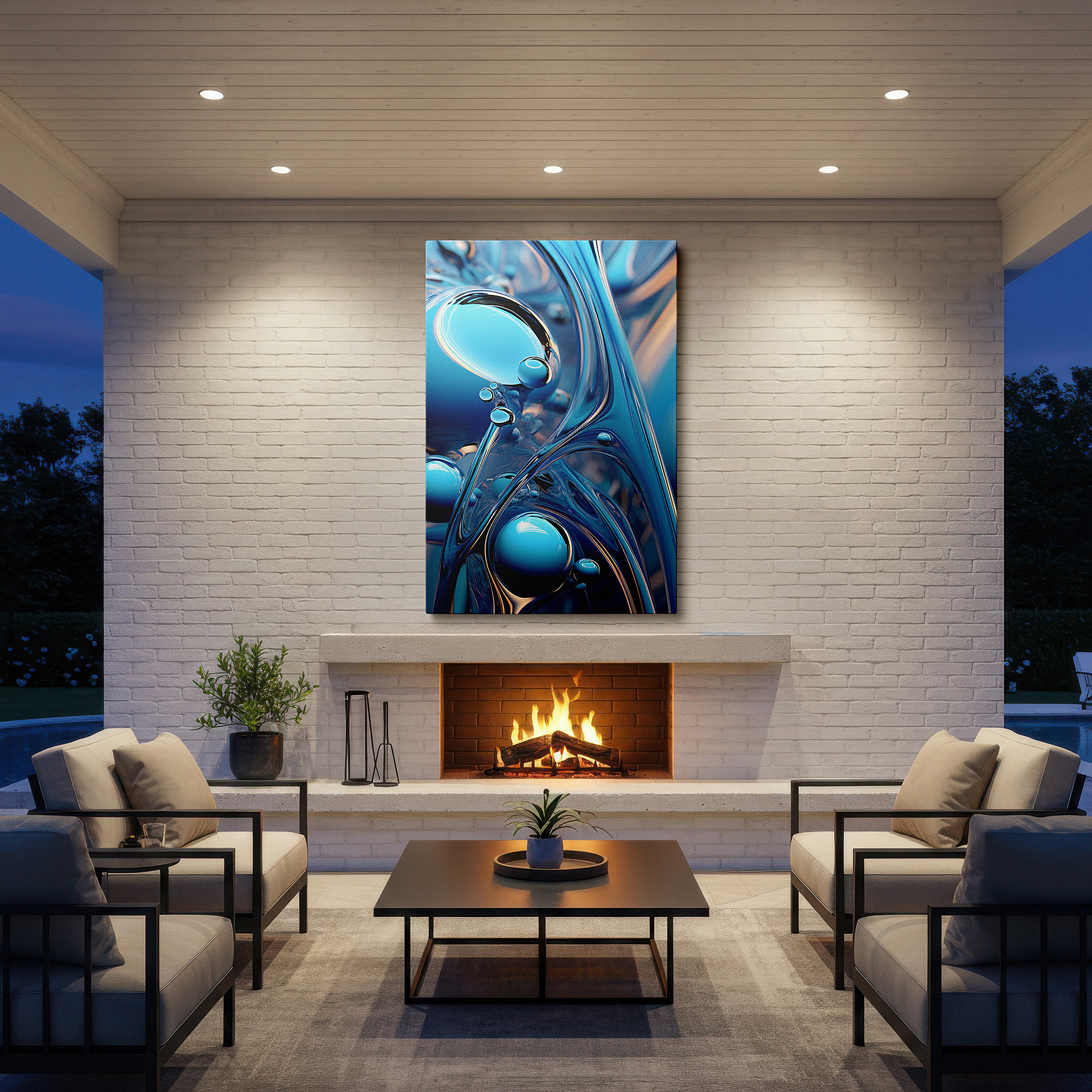Framed by abstract decor and natural-toned accessories — captivating blue fluid movement, a ballet of depth and light, oversized wall art, canvas wall art, wall decor, office wall art, bedroom wall art, living room wall art