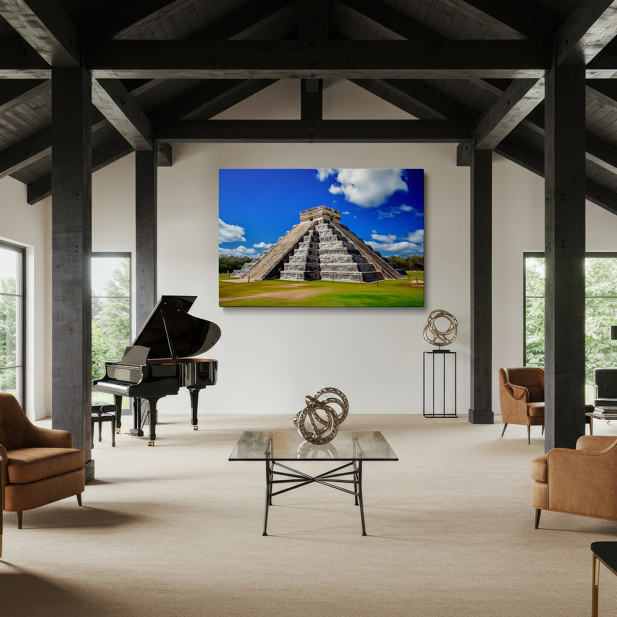 Framed by abstract decor and natural-toned accessories — chichen itza majesty - a celebration of mayan ingenuity and the cycles of time - large wall art, canvas wall art, wall decor for office and bedroom
