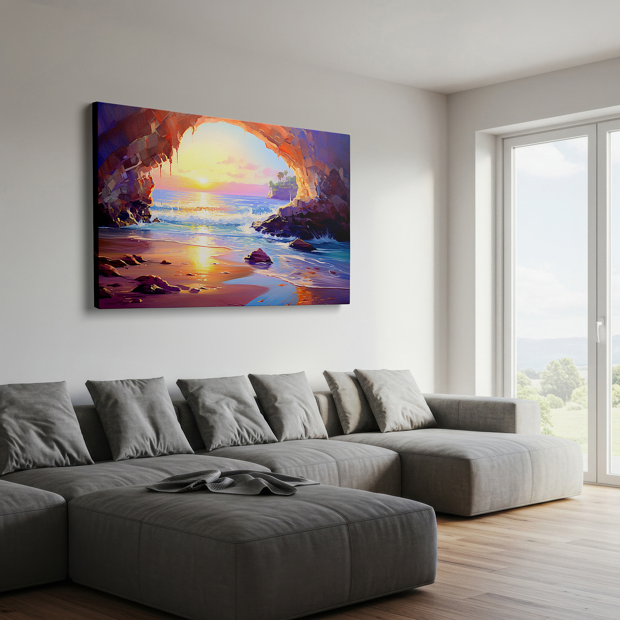 Framed by abstract decor and natural-toned accessories — coastal cavern's golden glow: majestic archway where ocean meets rock - large canvas wall art for office and bedroom decor