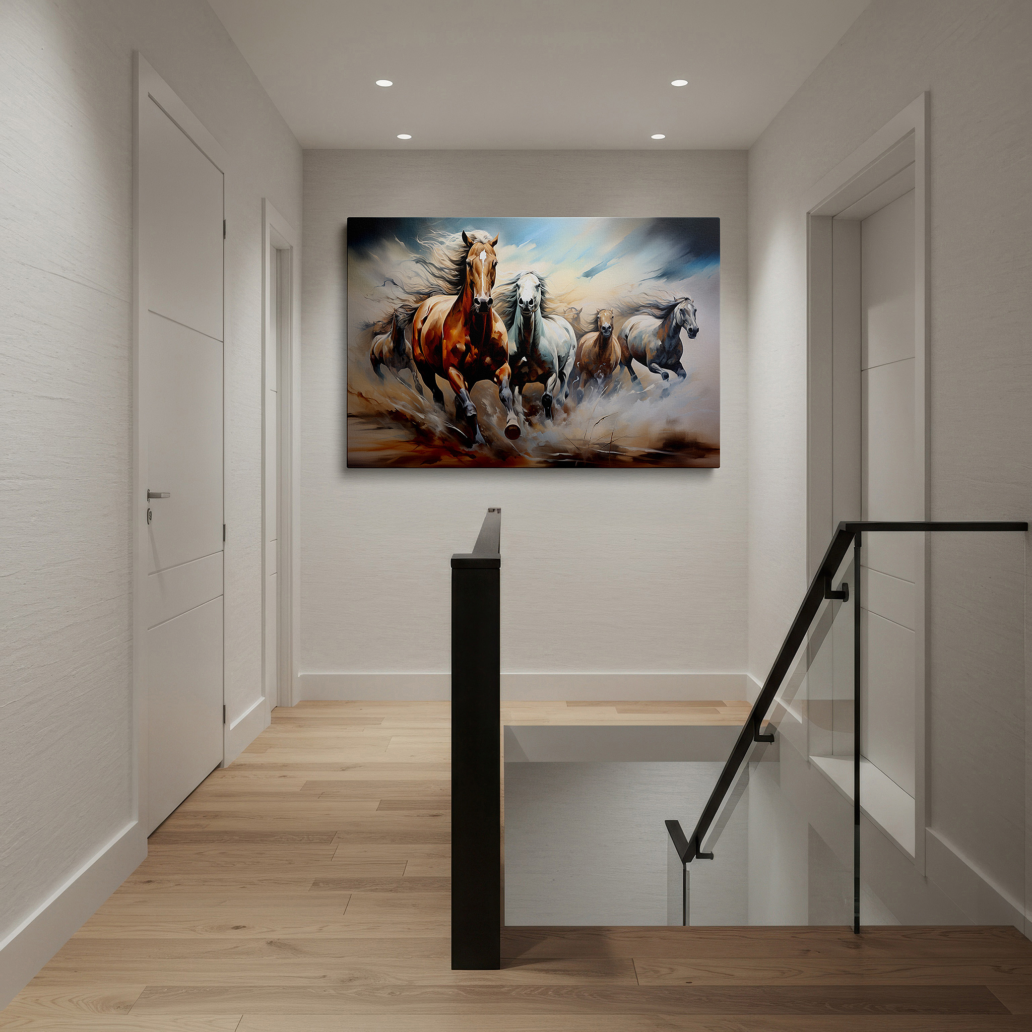 Framed by abstract decor and natural-toned accessories — desert sunset with galloping horses, large canvas wall art for office and bedroom decor
