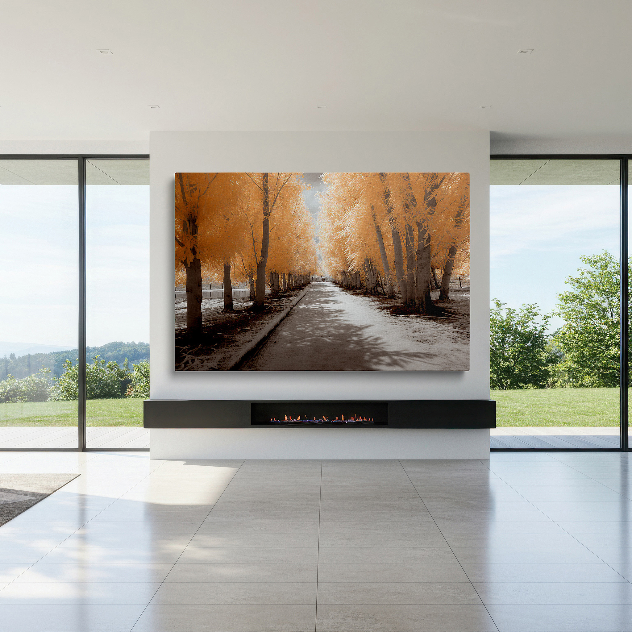 Framed by abstract decor and natural-toned accessories — dreamlike pathway under majestic trees at sunset large wall art, canvas wall art, wall decor for office and bedroom