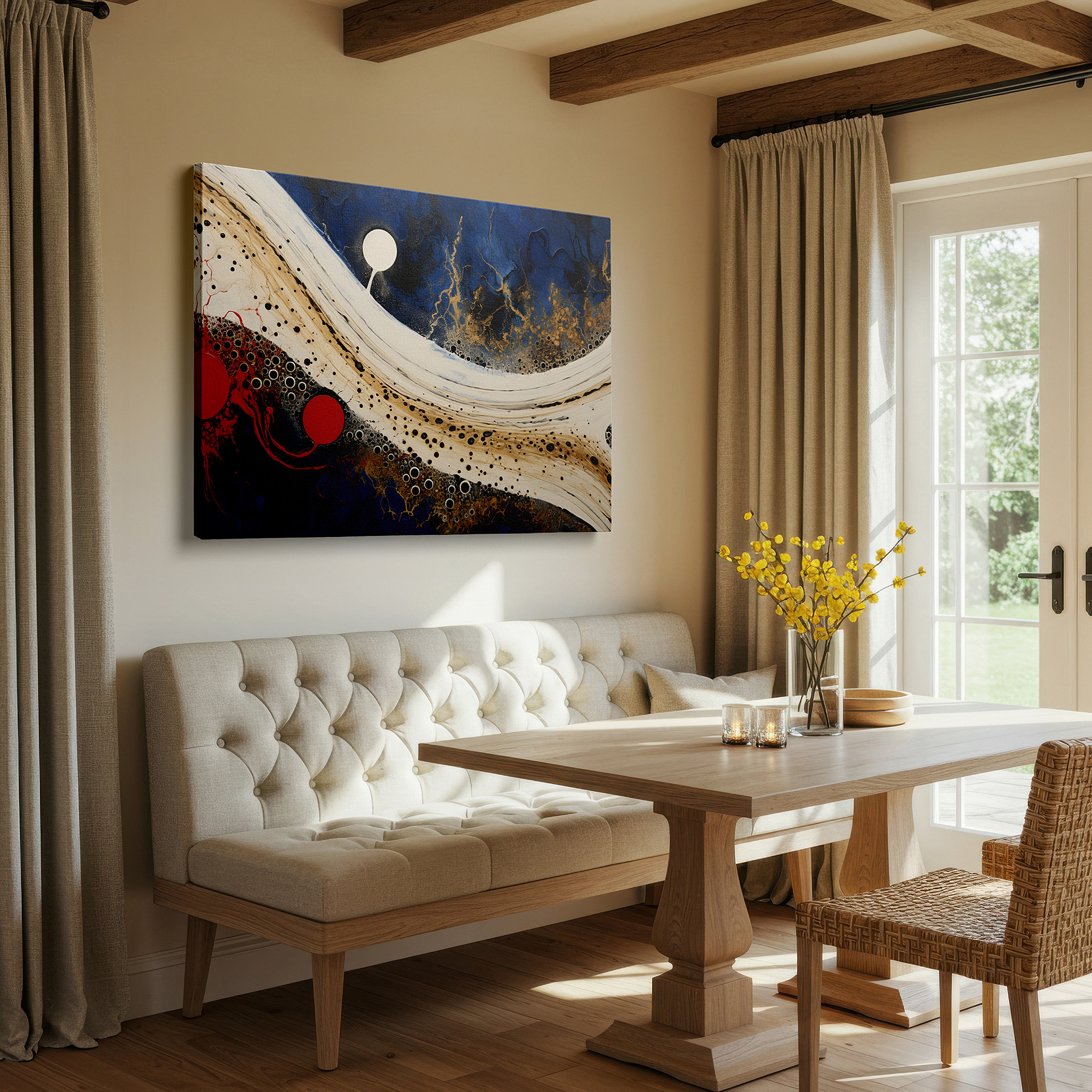 Framed by abstract decor and natural-toned accessories — dynamic abstract exploration of the human psyche in red, black, and blue: large canvas wall art for office and bedroom decor