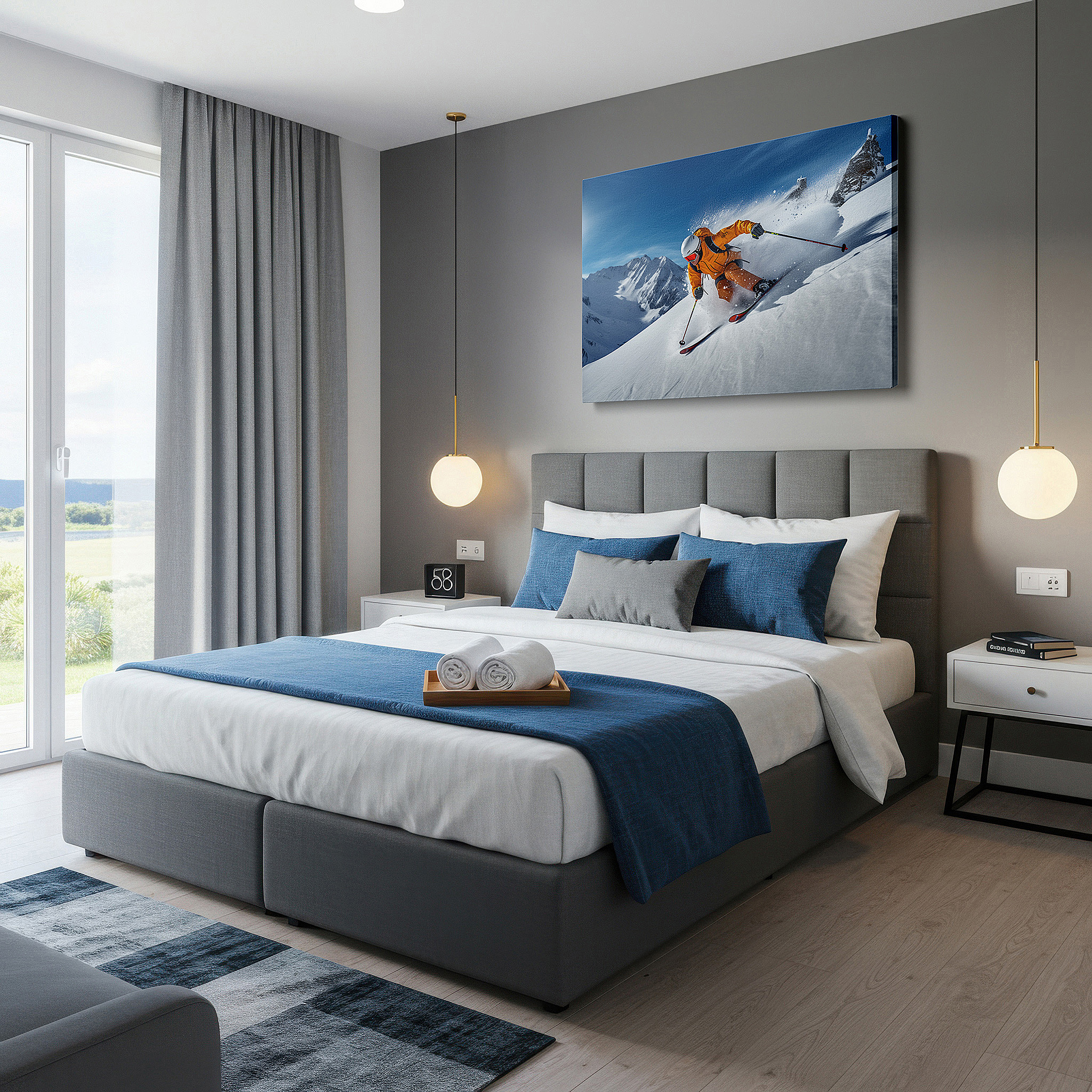 Framed by abstract decor and natural-toned accessories — dynamic skier in orange against pristine snow and majestic peaks - large canvas wall art for office and bedroom decor