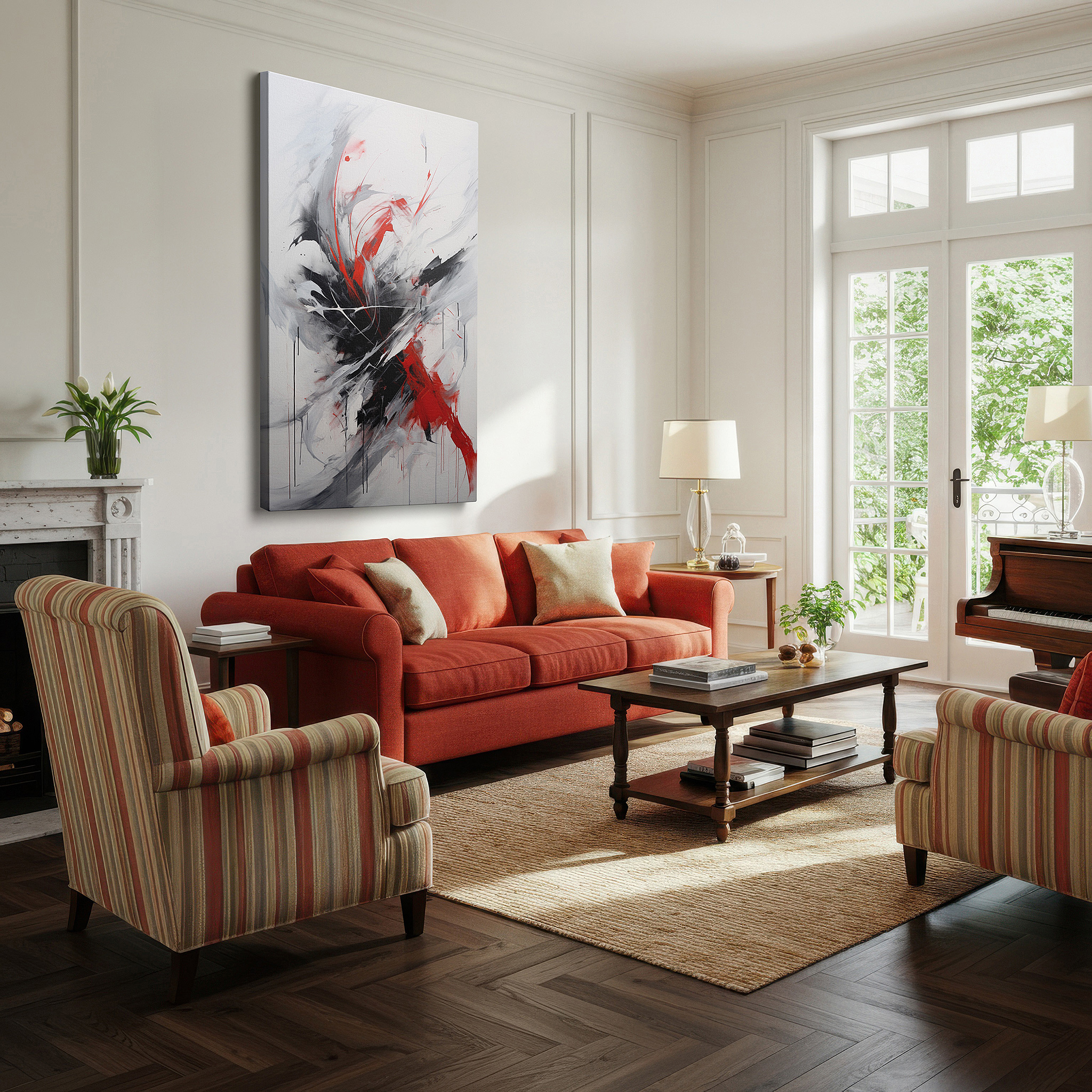 Framed by abstract decor and natural-toned accessories — dynamic tension in black, red, and white: a visual and emotional storm - large wall art, canvas wall art, wall decor for office and bedroom