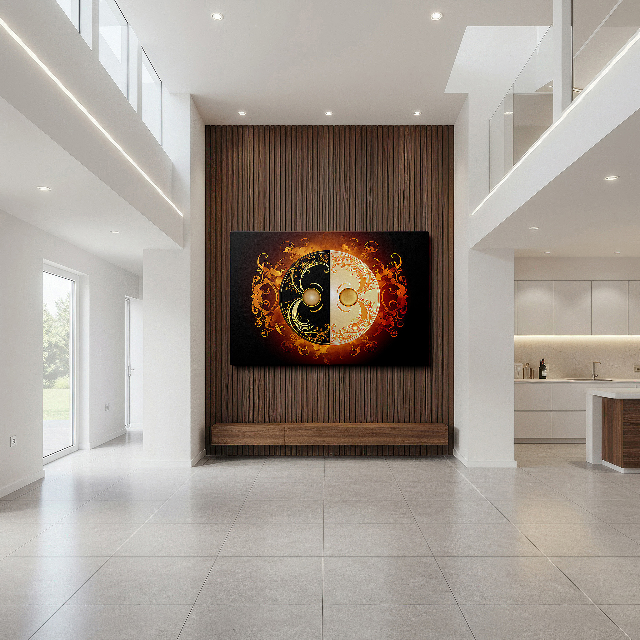 Framed by abstract decor and natural-toned accessories — elegant black and gold yin yang symbol wall art, celebrating balance and duality, ideal for office and bedroom decor, available in large canvas sizes