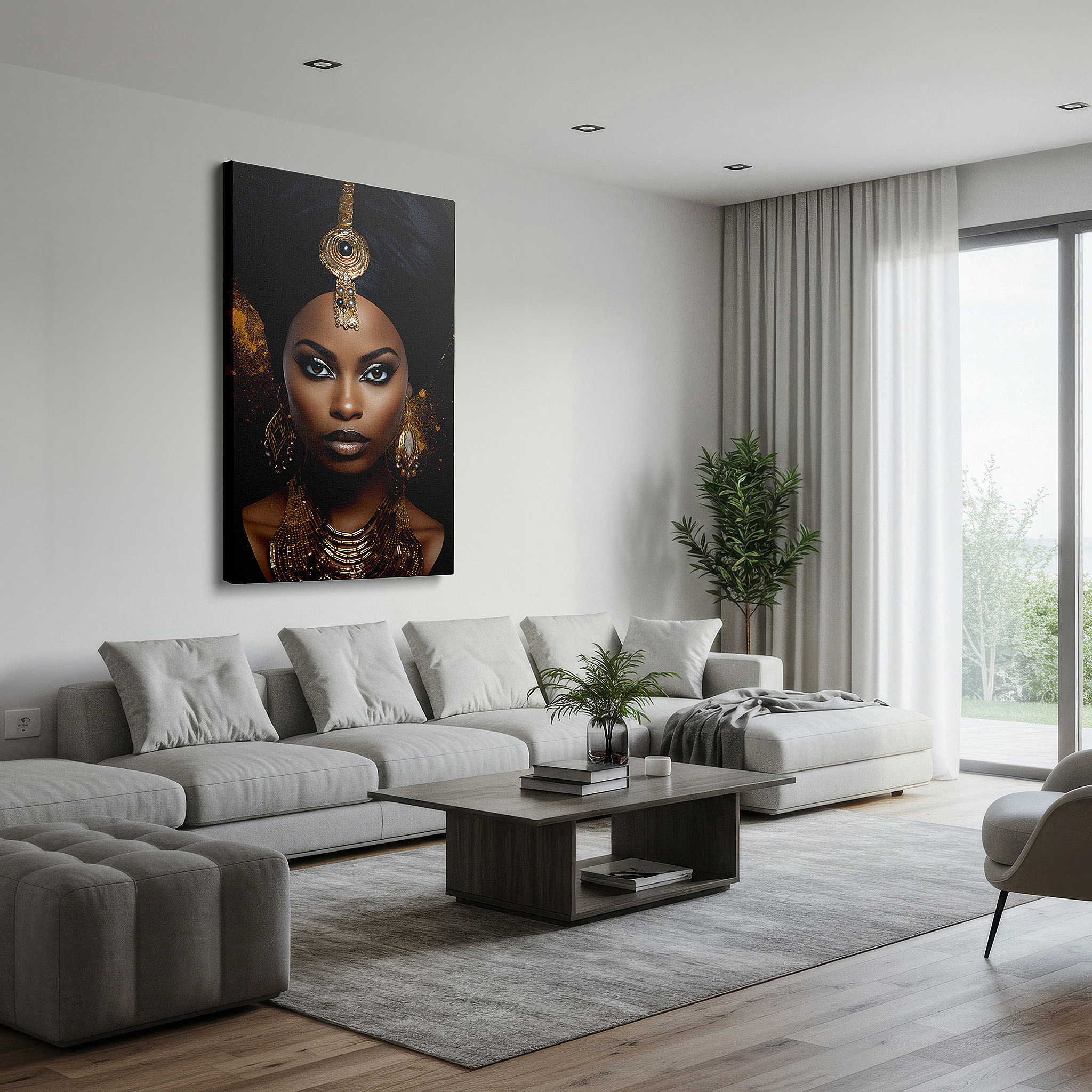 Framed by abstract decor and natural-toned accessories — elegant lady cloaked in gold, symbolizing cultural legacy and pride - large wall art, canvas wall art, wall decor for office and bedroom