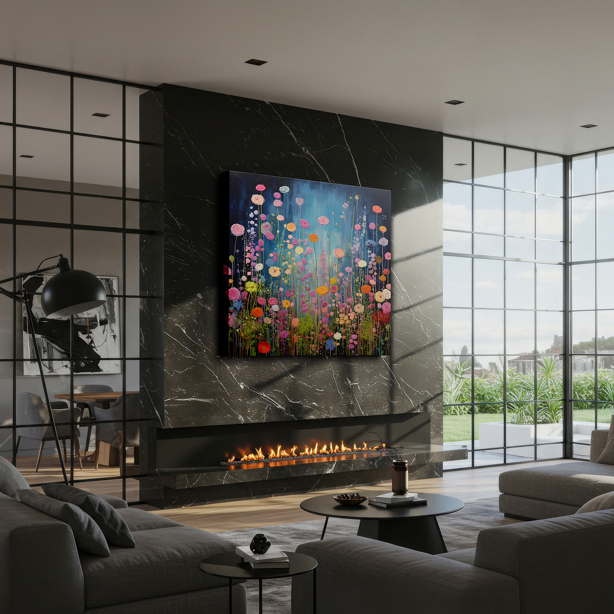 Framed by abstract decor and natural-toned accessories — enchanted garden oasis canvas wall art featuring vivid blooms and a deep blue sky for office, bedroom, and home decor