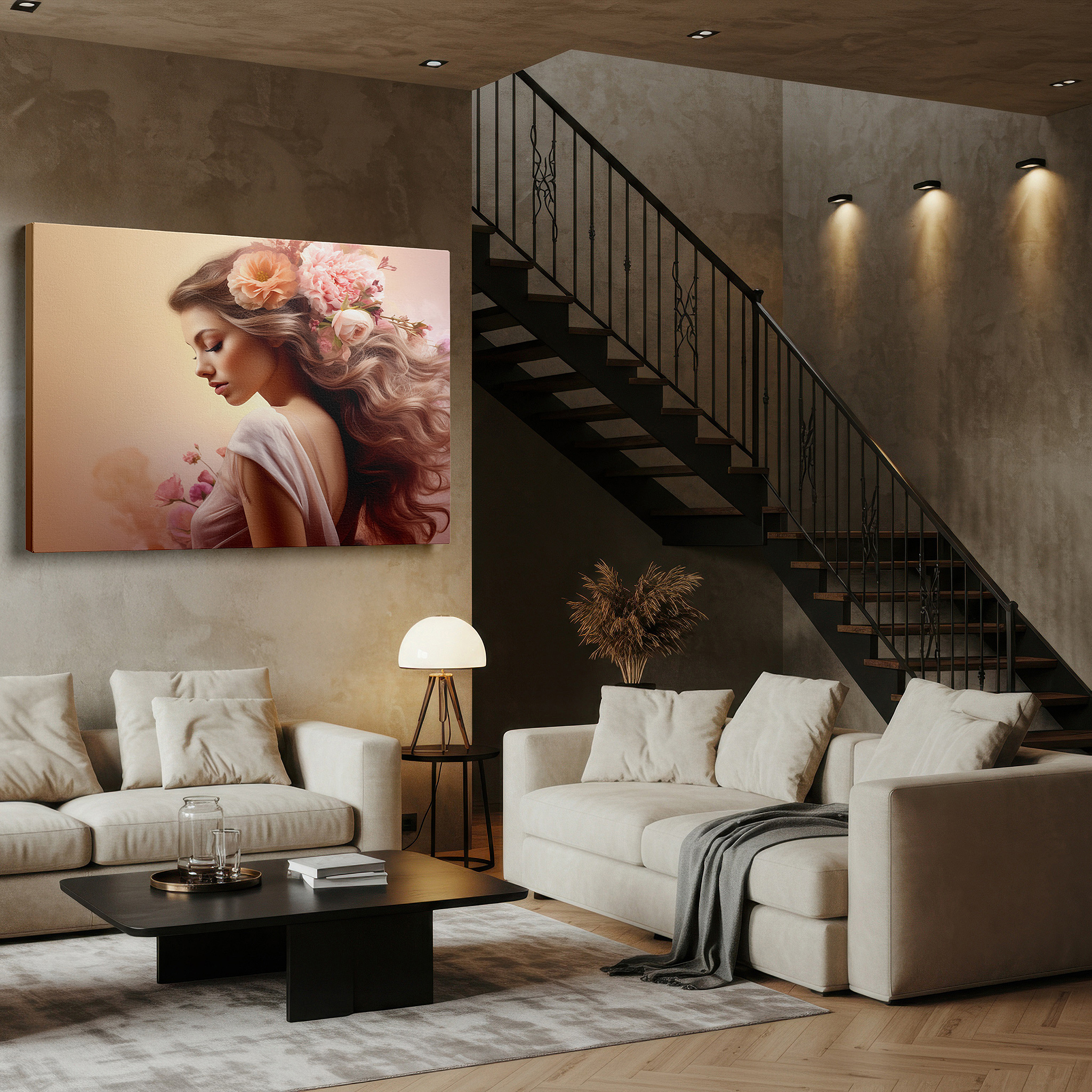 Framed by abstract decor and natural-toned accessories — enchanted garden of tranquility: a serene portrait of feminine grace and ethereal beauty - large canvas wall art for home and office decor