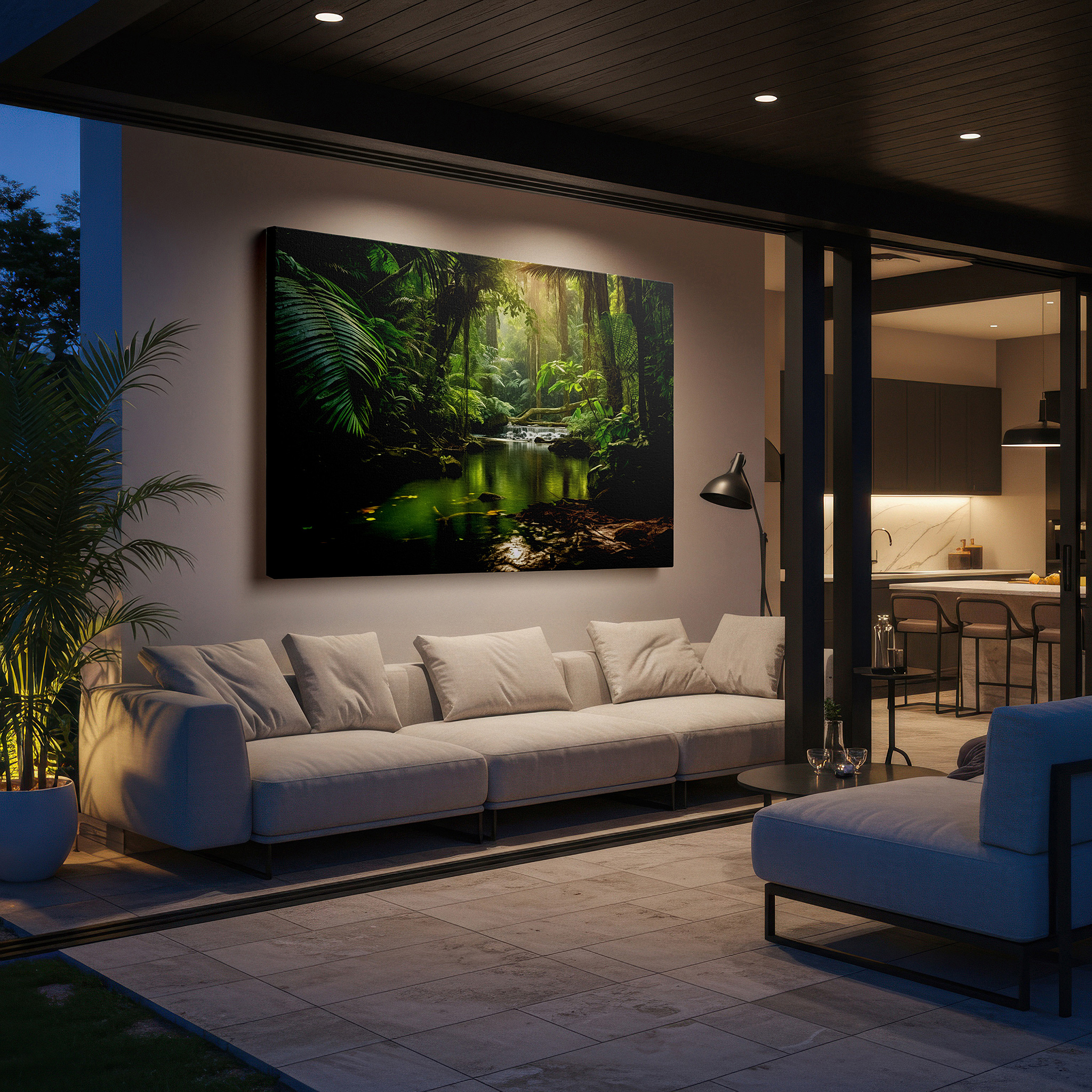 Framed by abstract decor and natural-toned accessories — enchanted rainforest retreat wall art featuring a cascading waterfall and lush green canopy, ideal for office and bedroom decor