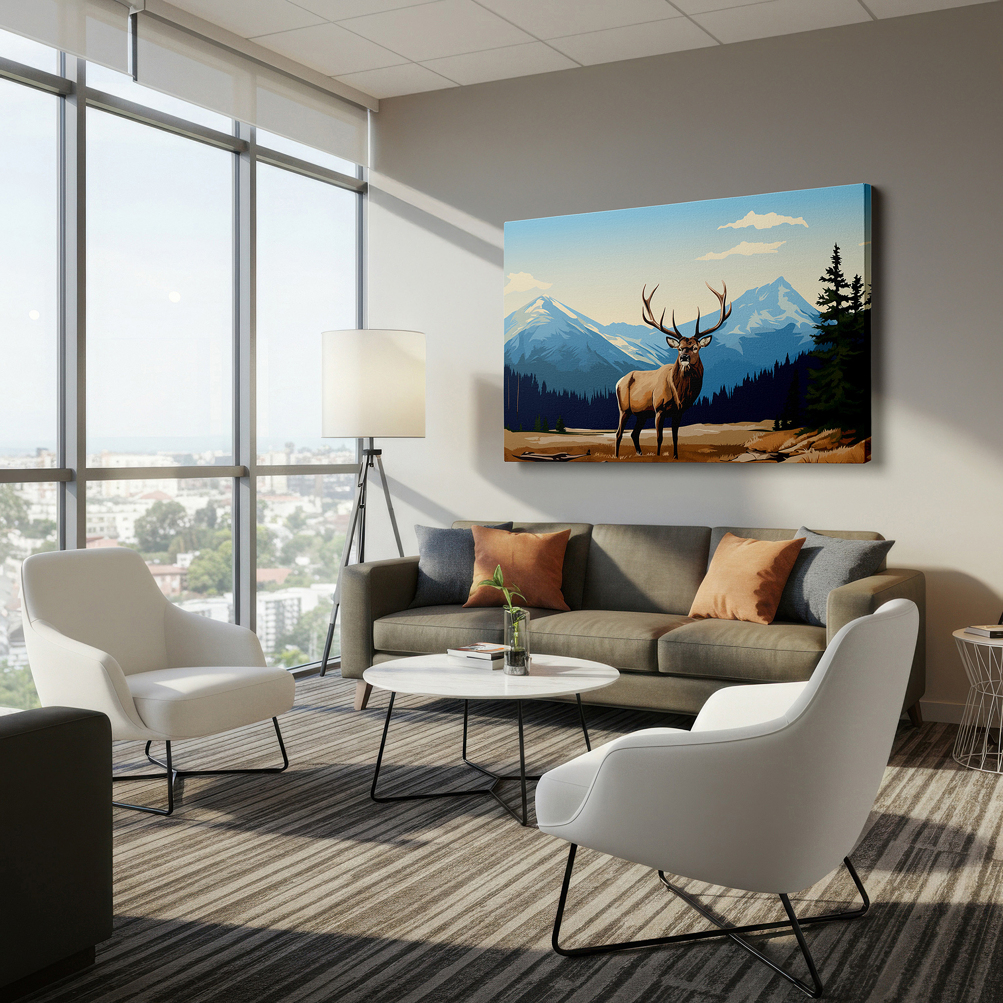 Framed by abstract decor and natural-toned accessories — enchanting ancient cityscape illuminated by sunset, a blend of cultural unity and warmth, large wall art, canvas wall art, wall decor