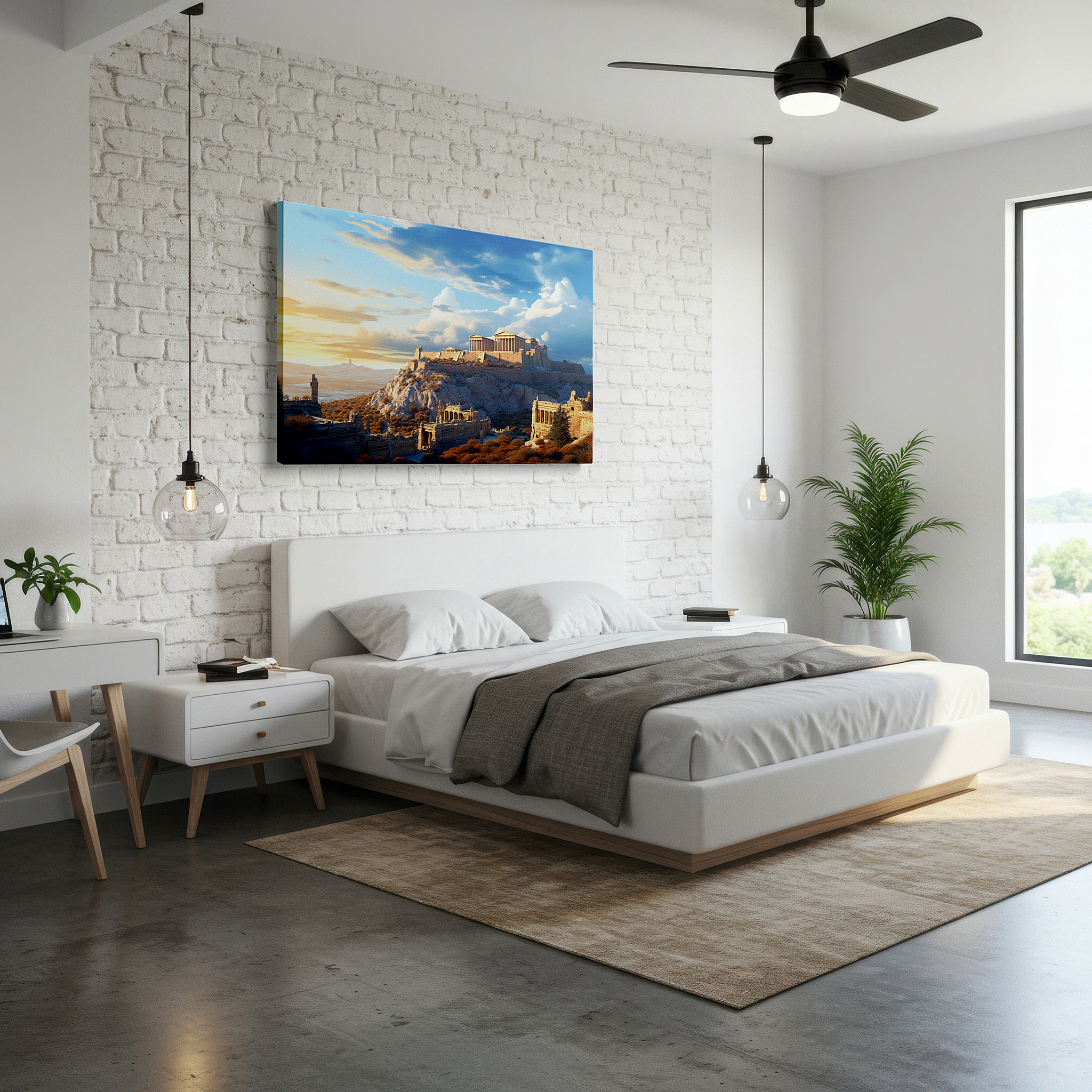 Framed by abstract decor and natural-toned accessories — ethereal acropolis: a tribute to time, nature, and human effort - large wall art, canvas wall art, wall decor for office and bedroom