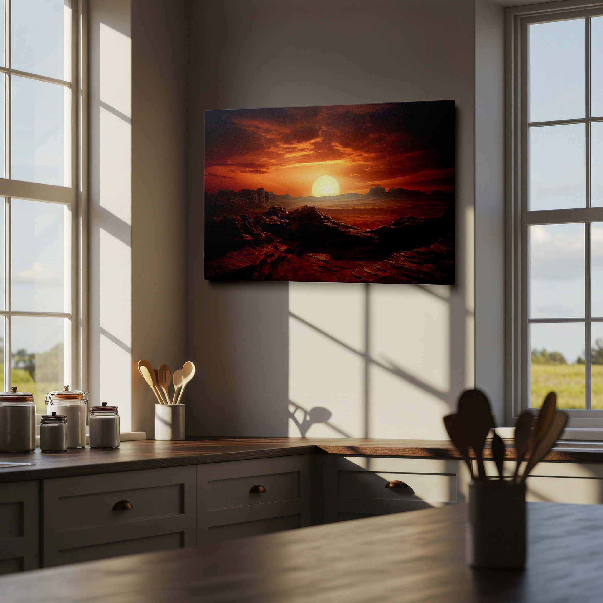 Framed by abstract decor and natural-toned accessories — ethereal dusk light over rugged landscape captures nature's dramatic beauty large wall art, canvas wall art, wall art decor, office wall art, bedroom wall art