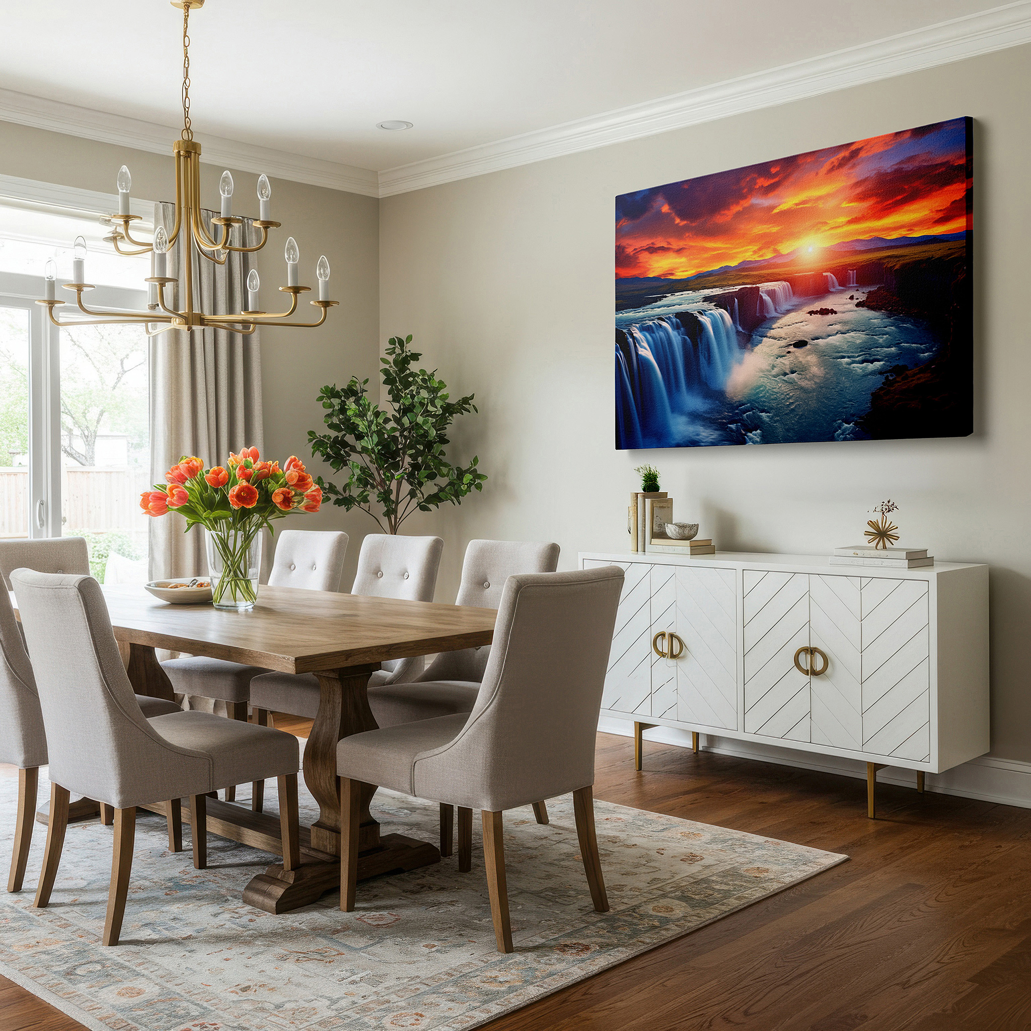 Framed by abstract decor and natural-toned accessories — golden sunset over majestic waterfalls and tranquil river surrounded by lush scenery large canvas wall art for office and bedroom decor