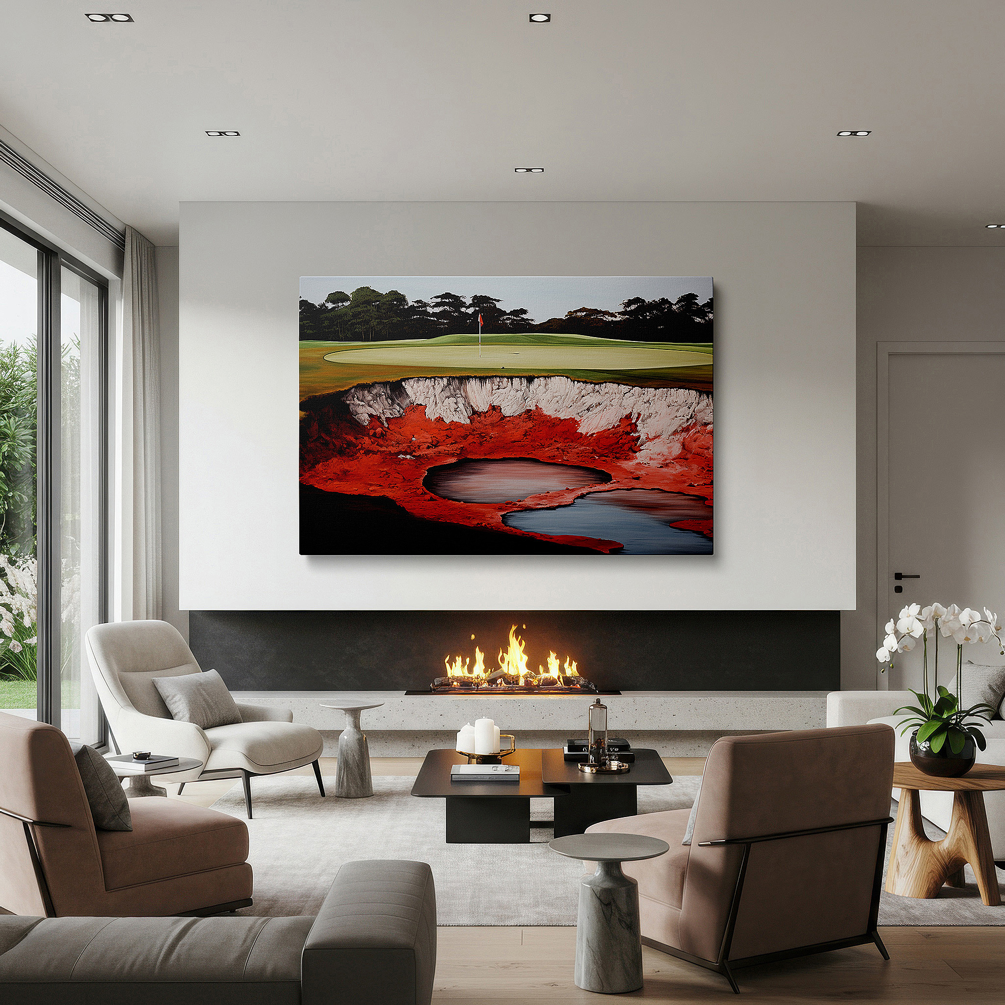 Framed by abstract decor and natural-toned accessories — golf course elegance and geological drama wall art featuring central sinkhole, large canvas wall art for office and bedroom decor