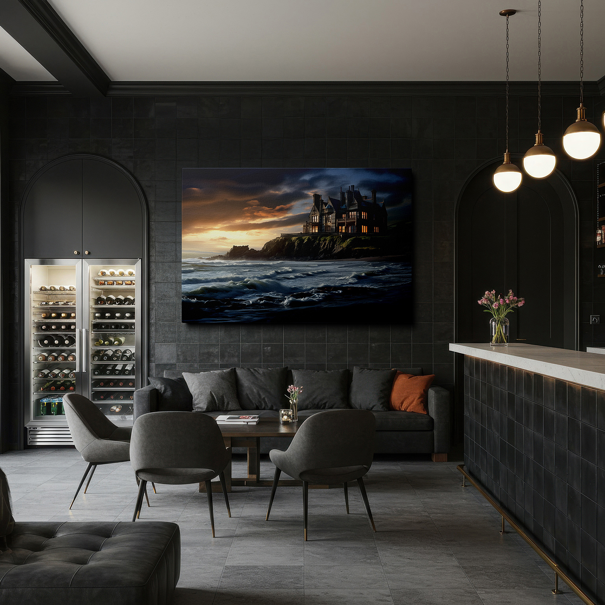 Framed by abstract decor and natural-toned accessories — gothic mansion on cliff overlooking stormy seas, sunset illuminates the horizon, large canvas wall art for home and office decor
