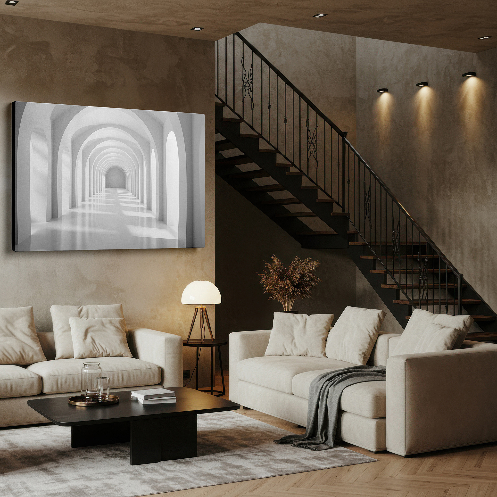 Framed by abstract decor and natural-toned accessories — gradient-shaded architectural arches elevate minimalist corridor with ethereal light play, featuring large wall art for office decor