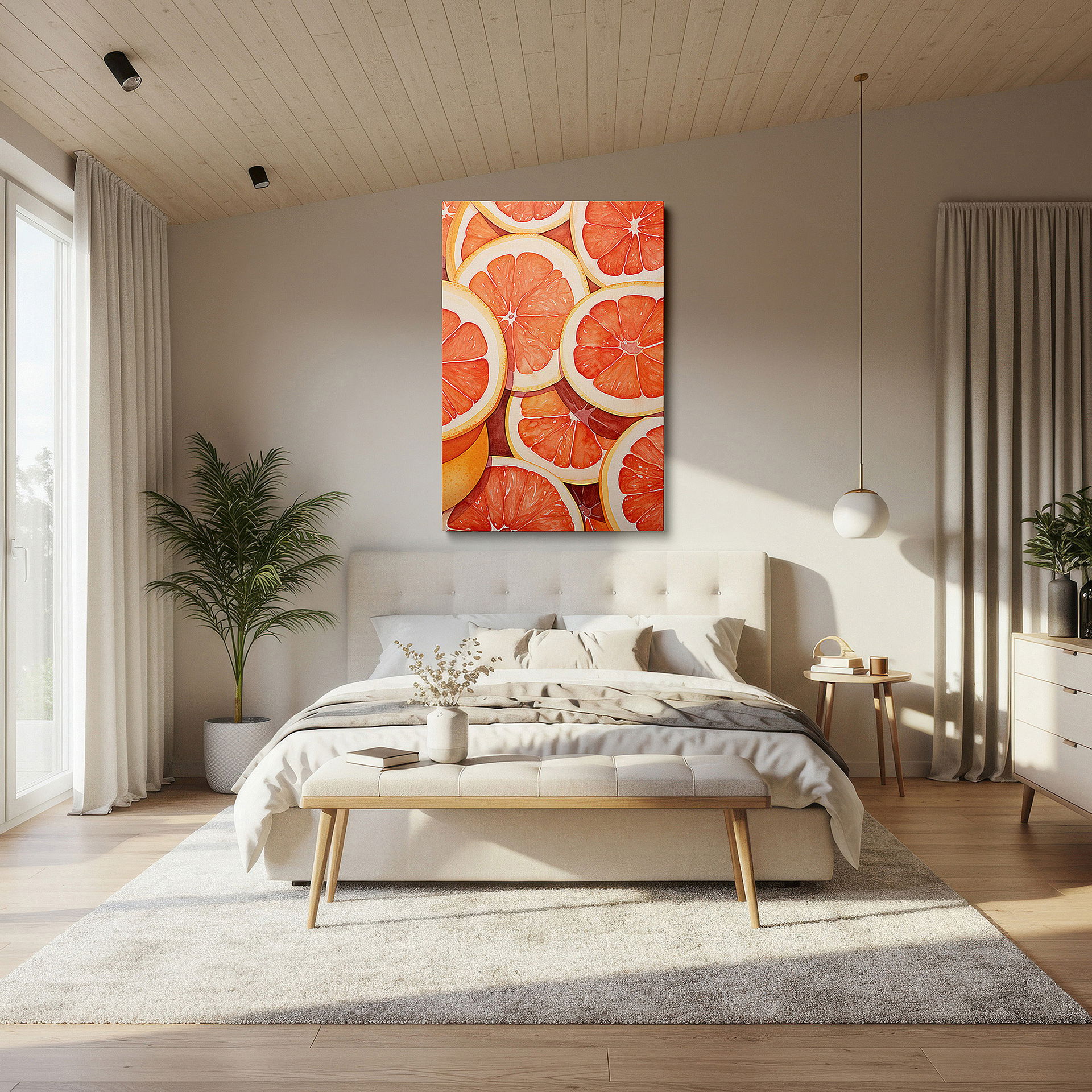 Framed by abstract decor and natural-toned accessories — grapefruit slices wall art: experience freshness and vitality with dynamic colors - perfect for office or bedroom decor