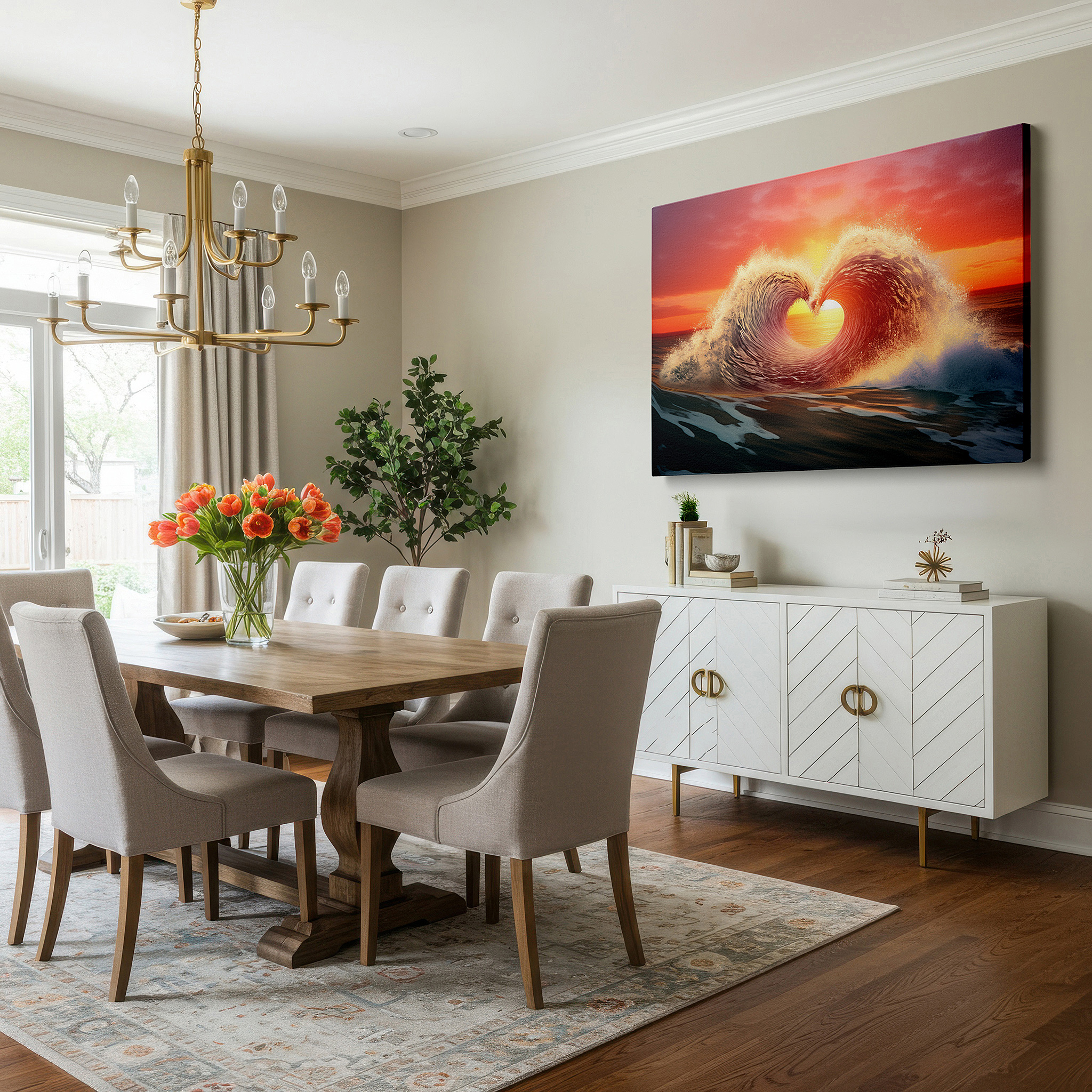 Framed by abstract decor and natural-toned accessories — heart-shaped wave at sunset: symbolizing love in nature's beauty - large wall art, canvas wall art, wall decor for office and bedroom