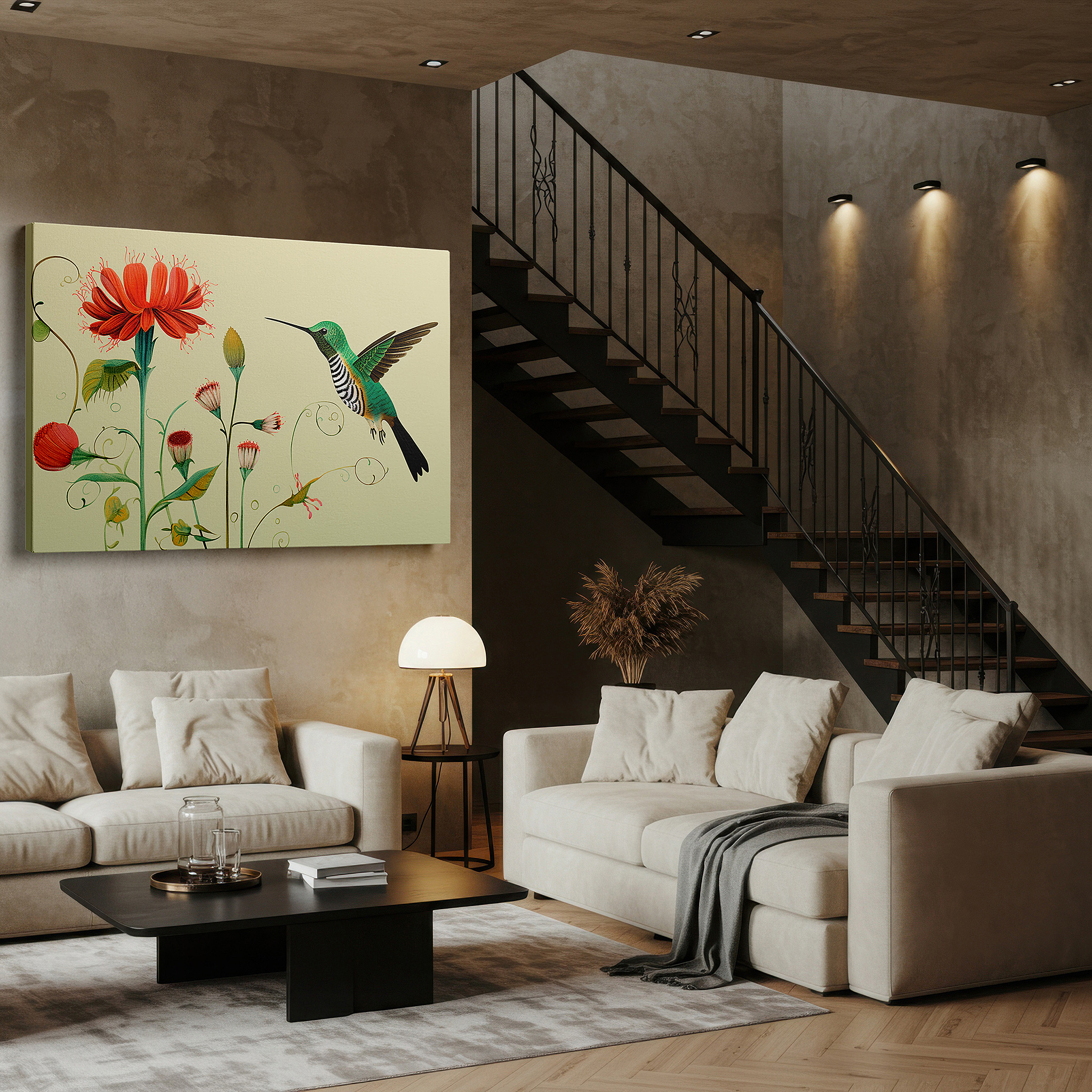Framed by abstract decor and natural-toned accessories — hummingbird mid-hover dance amidst vibrant flowers, representing biodiversity and ecosystem symbiosis - large wall art, canvas wall art, wall decor