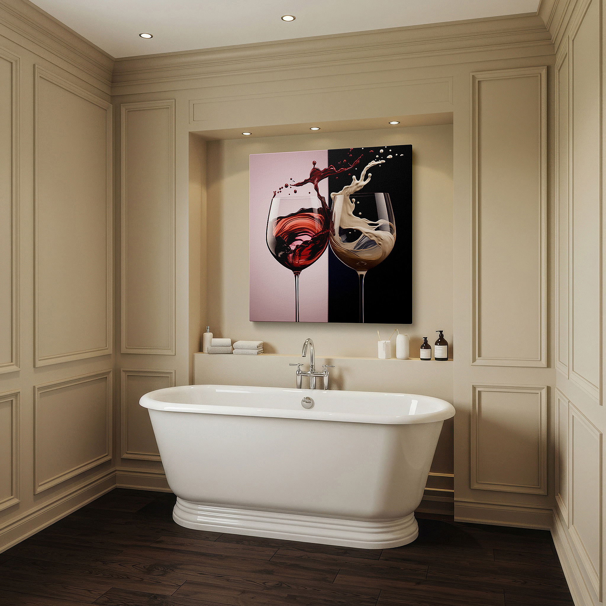 Framed by abstract decor and natural-toned accessories — luxury toast wall art - rich red and creamy white celebratory splashes, large canvas wall art for office and bedroom decor