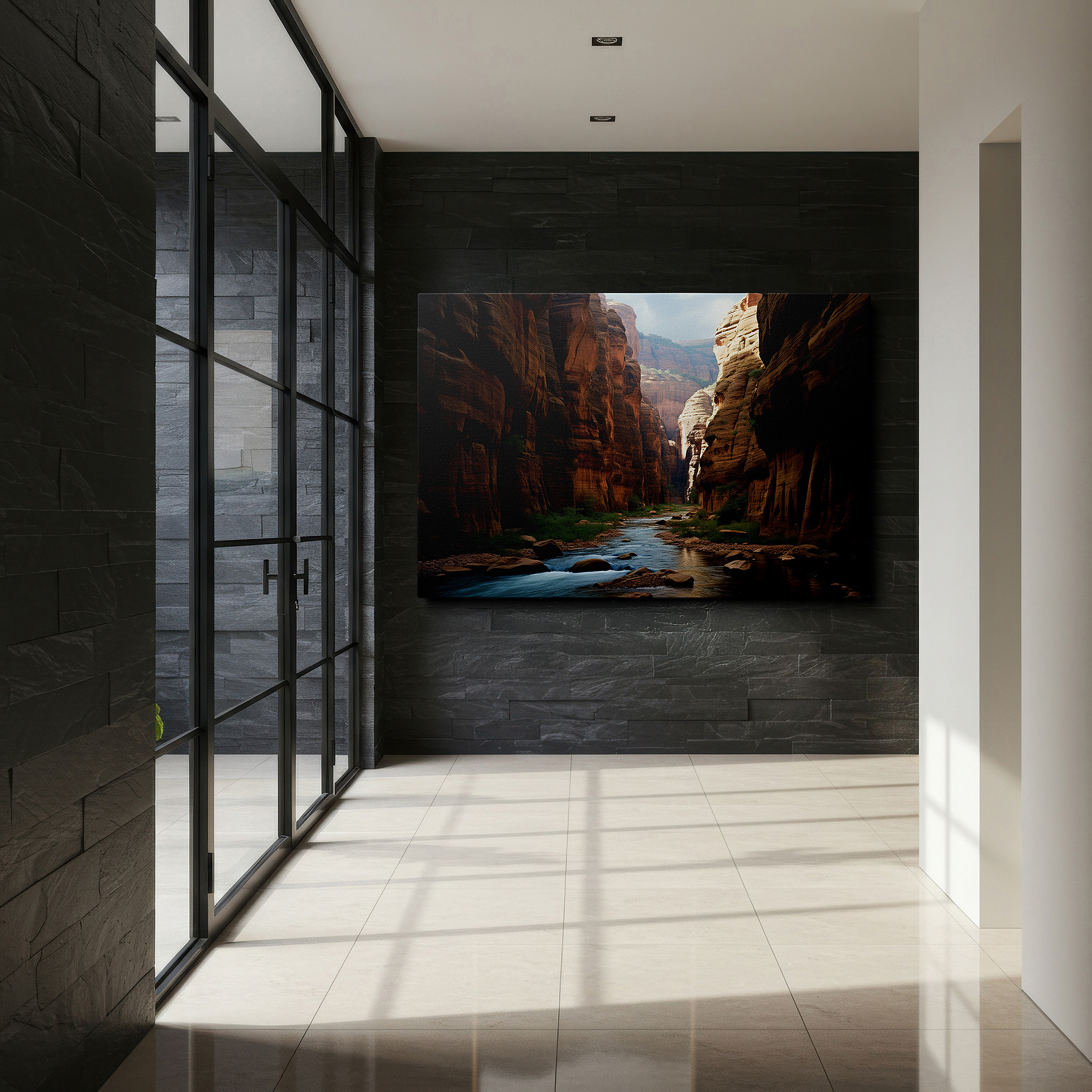 Framed by abstract decor and natural-toned accessories — majestic canyon scenery featuring light and shadow dynamics, perfect for adventure and serenity - large canvas wall art for home and office decor