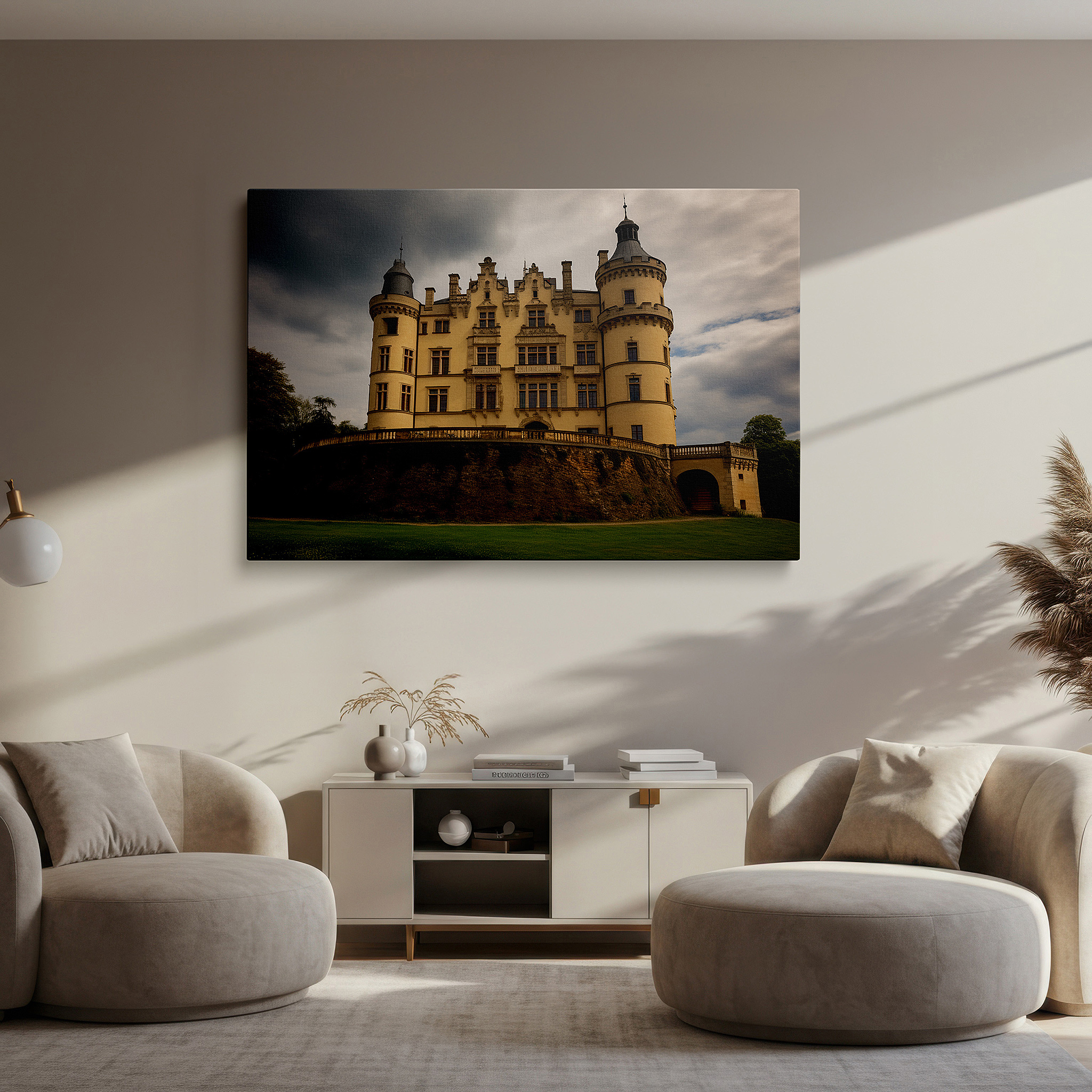 Framed by abstract decor and natural-toned accessories — majestic castle on rugged hill: a showcase of architectural excellence amidst natural splendor - large wall art, canvas wall art, wall decor for office