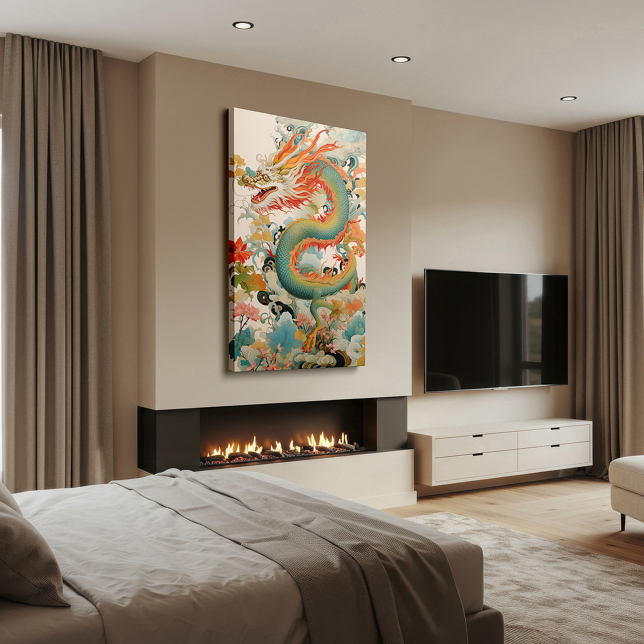 Framed by abstract decor and natural-toned accessories — majestic dragon wrapped in ethereal clouds, symbolizing strength and harmony, large canvas wall art for office decor