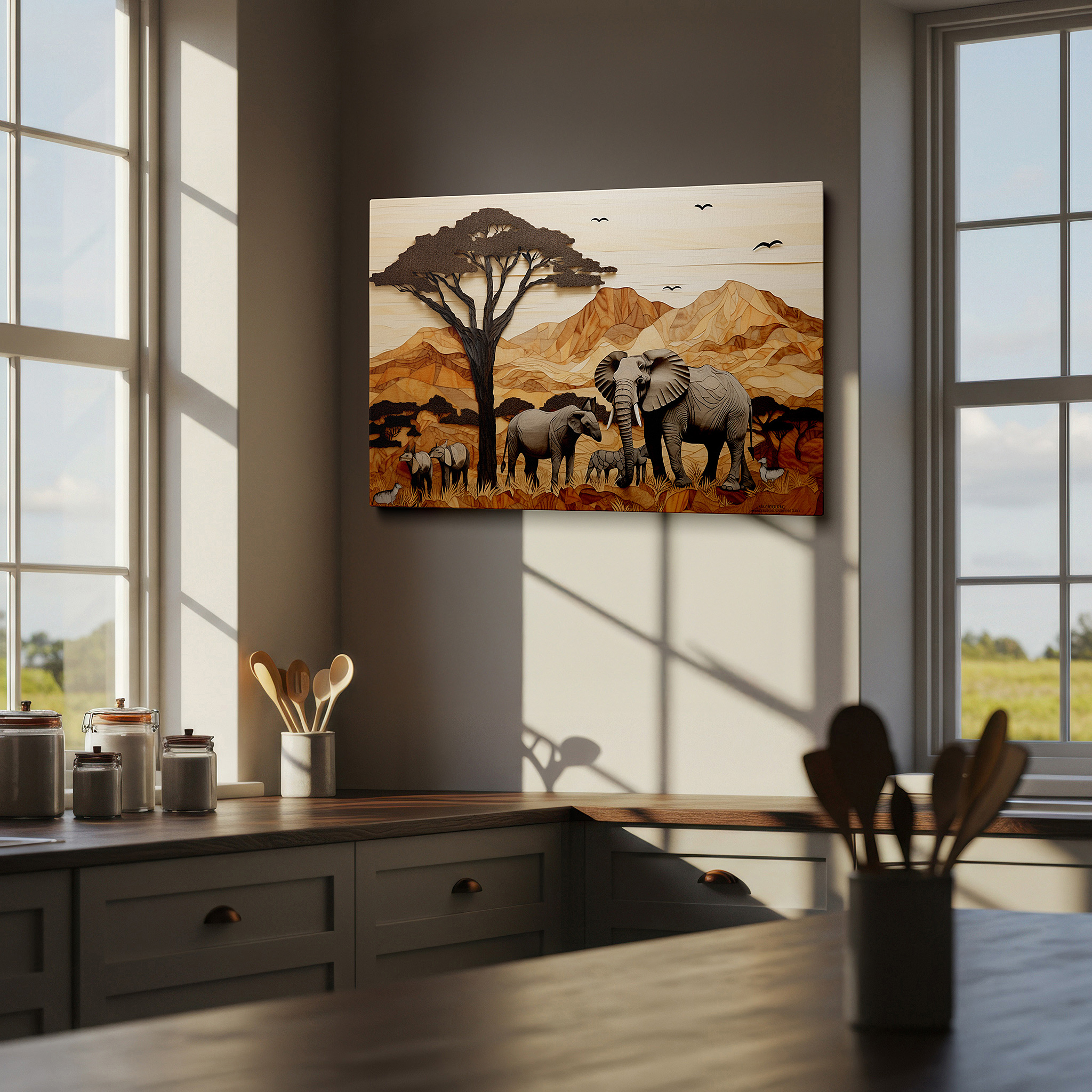 Framed by abstract decor and natural-toned accessories — majestic elephants among green mountains and dense trees, serene family carved wood scene, large wall art, canvas wall art, wall decor for office