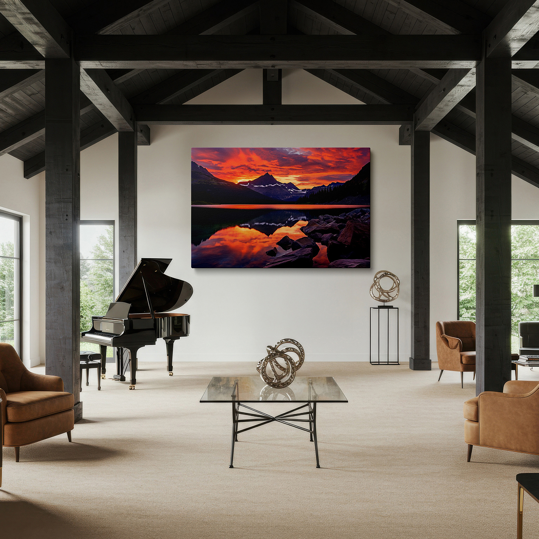 Framed by abstract decor and natural-toned accessories — majestic mountain peaks reflected in tranquil waters at dawn - large canvas wall art for office and bedroom decor