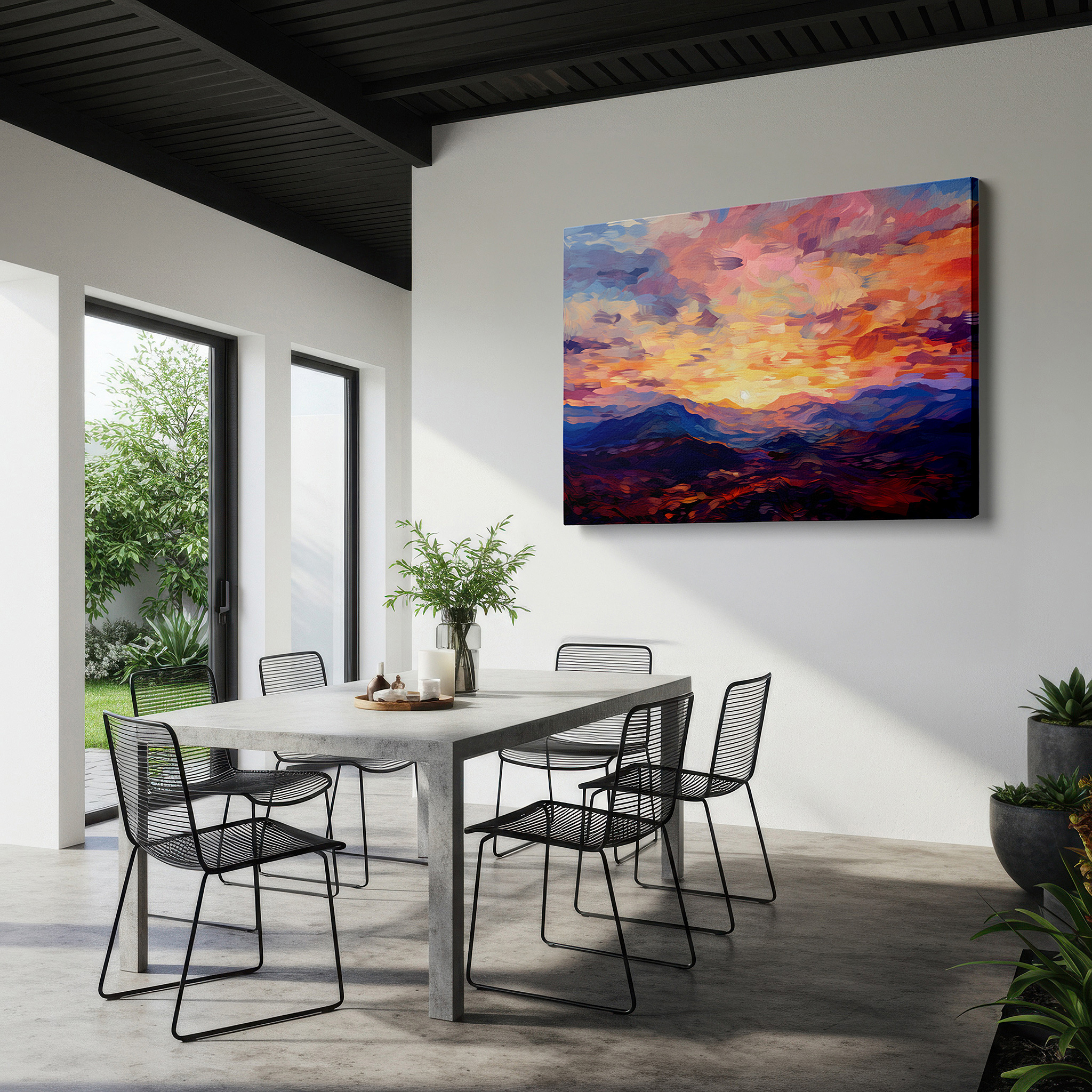 Framed by abstract decor and natural-toned accessories — majestic mountain sunset: a serene blend of warm oranges and cool blues, large canvas wall art for home and office decor
