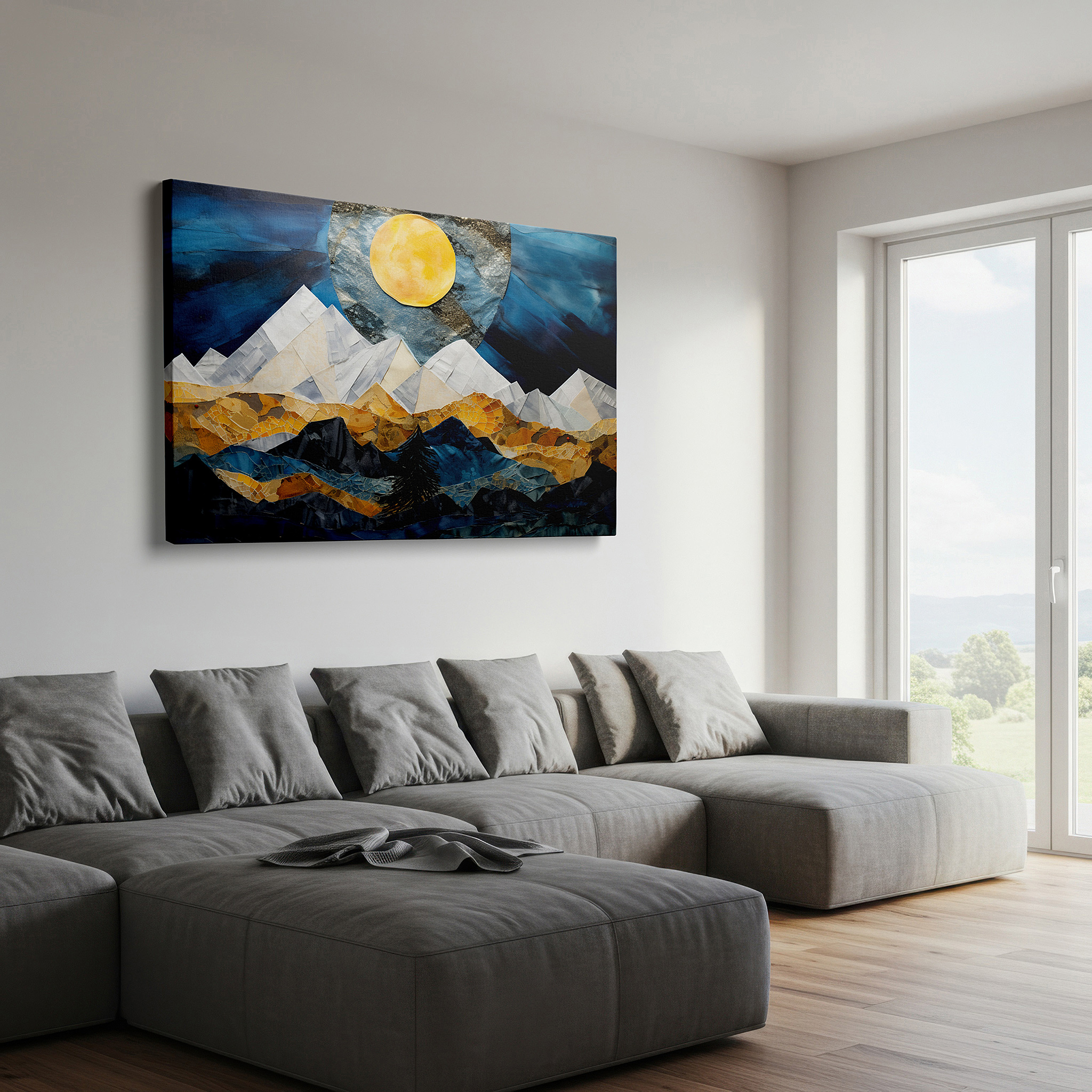 Framed by abstract decor and natural-toned accessories — majestic mountains beneath a radiant moon, enchanting night scene illuminated by ethereal light, large wall art, canvas wall art, wall decor, office wall art