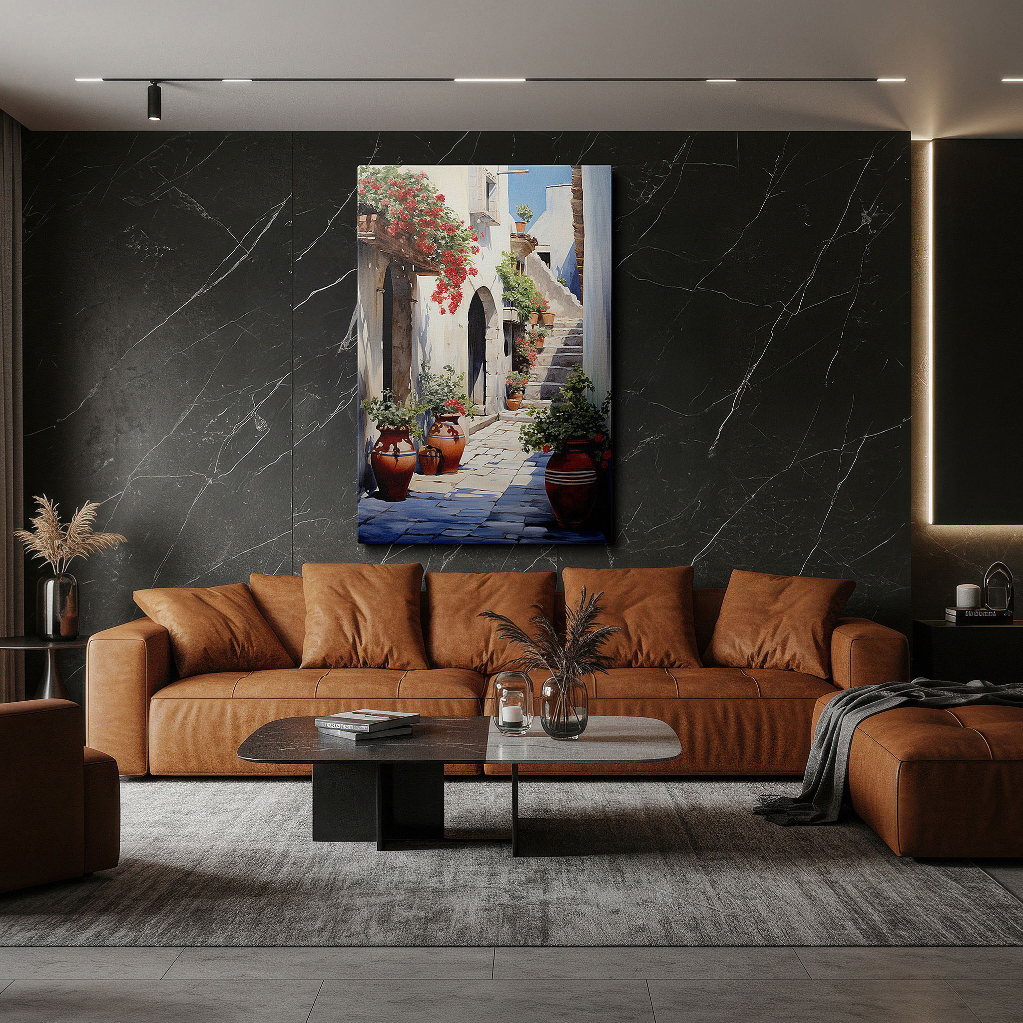 Framed by abstract decor and natural-toned accessories — mediterranean alleyway canvas art: sunlit cobblestones and blooming flowers - large wall decor for office and bedroom