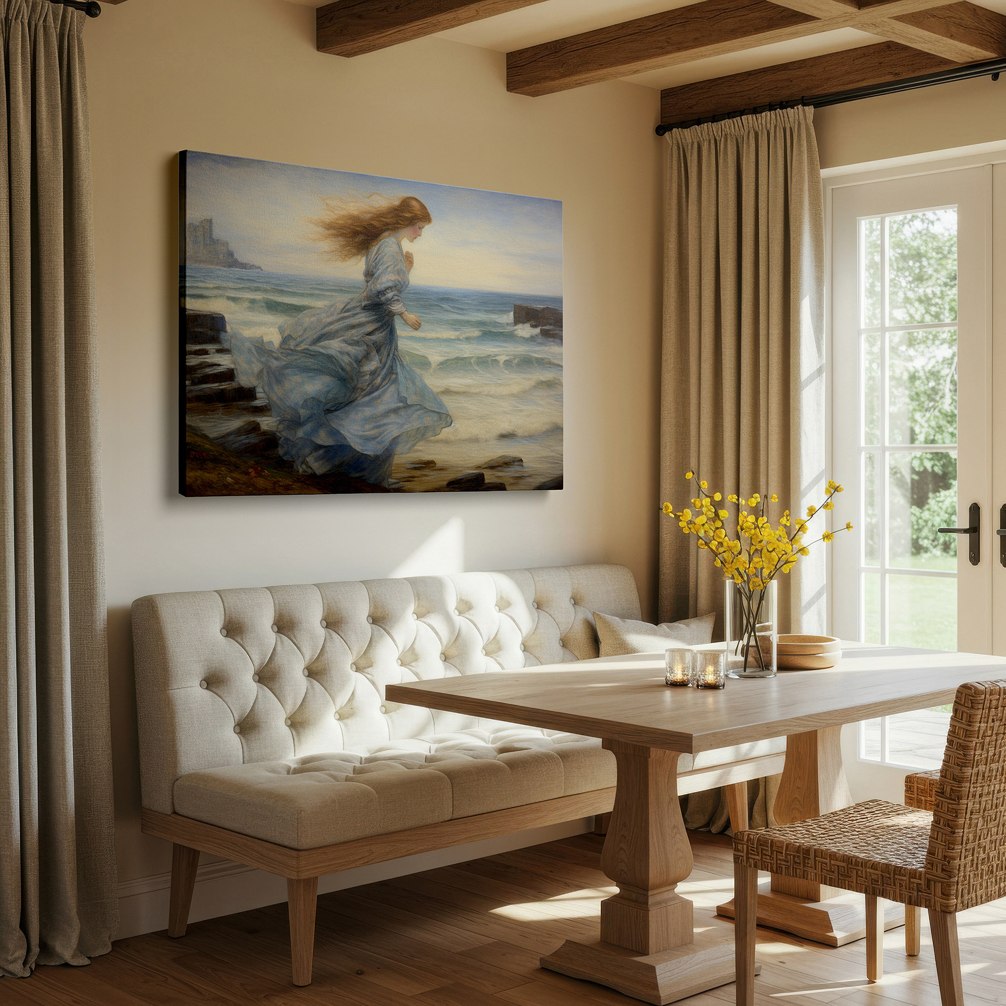 Framed by abstract decor and natural-toned accessories — misty seascape sprint: waves and romance symphony large wall art, canvas decor for office