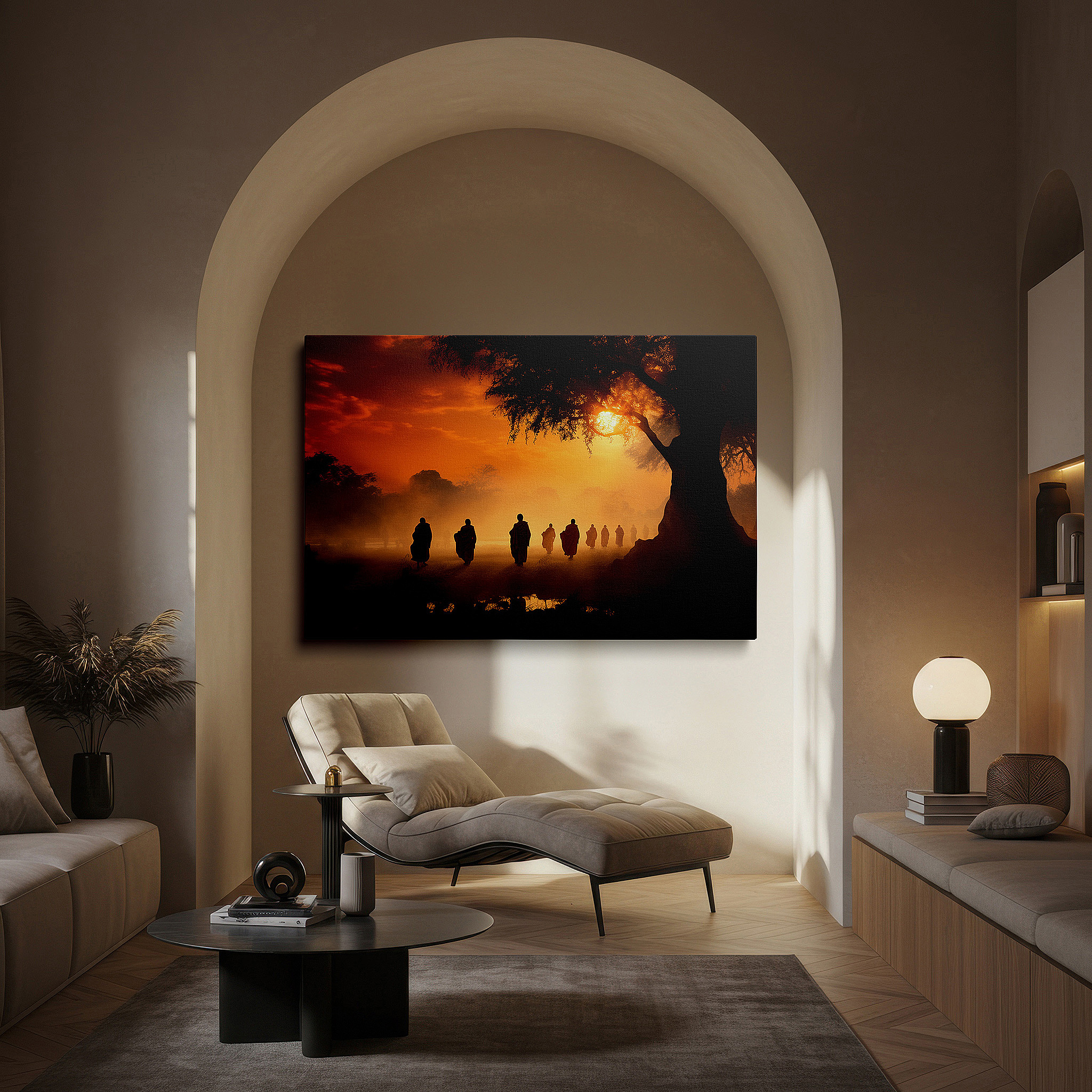 Framed by abstract decor and natural-toned accessories — monks' procession towards enlightenment amidst nature's glow - large canvas wall art for office, bedroom, and living room decor