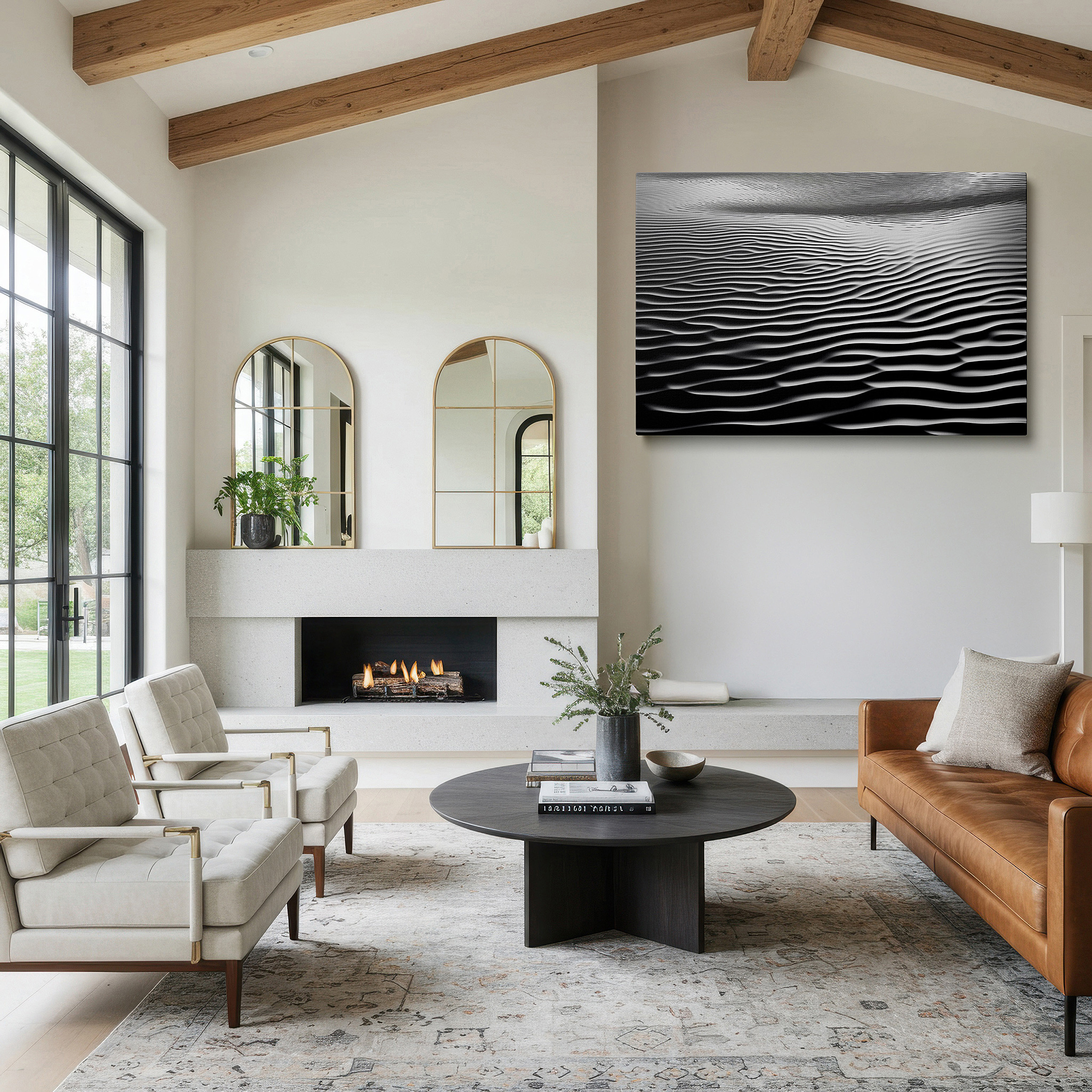 Framed by abstract decor and natural-toned accessories — monochrome waves in motion: tranquil black and white large wall art, canvas decor for office and bedroom