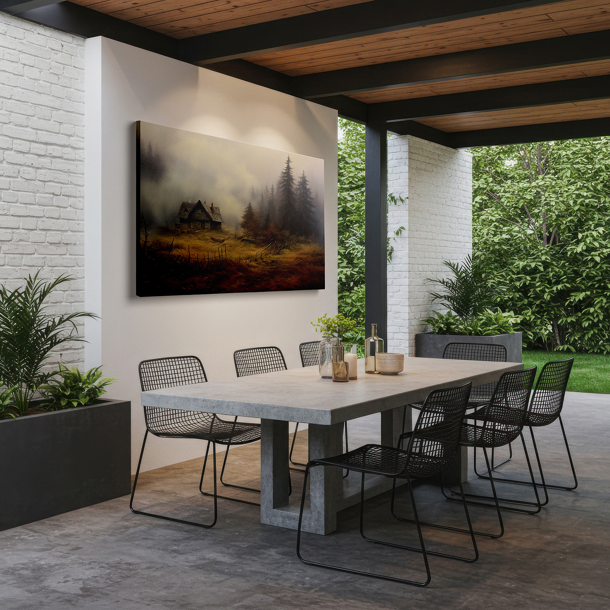 Framed by abstract decor and natural-toned accessories — mystical dwelling surrounded by mist and woods: a timeless tale of nature's reclamation - large wall art, canvas wall art, wall decor for office