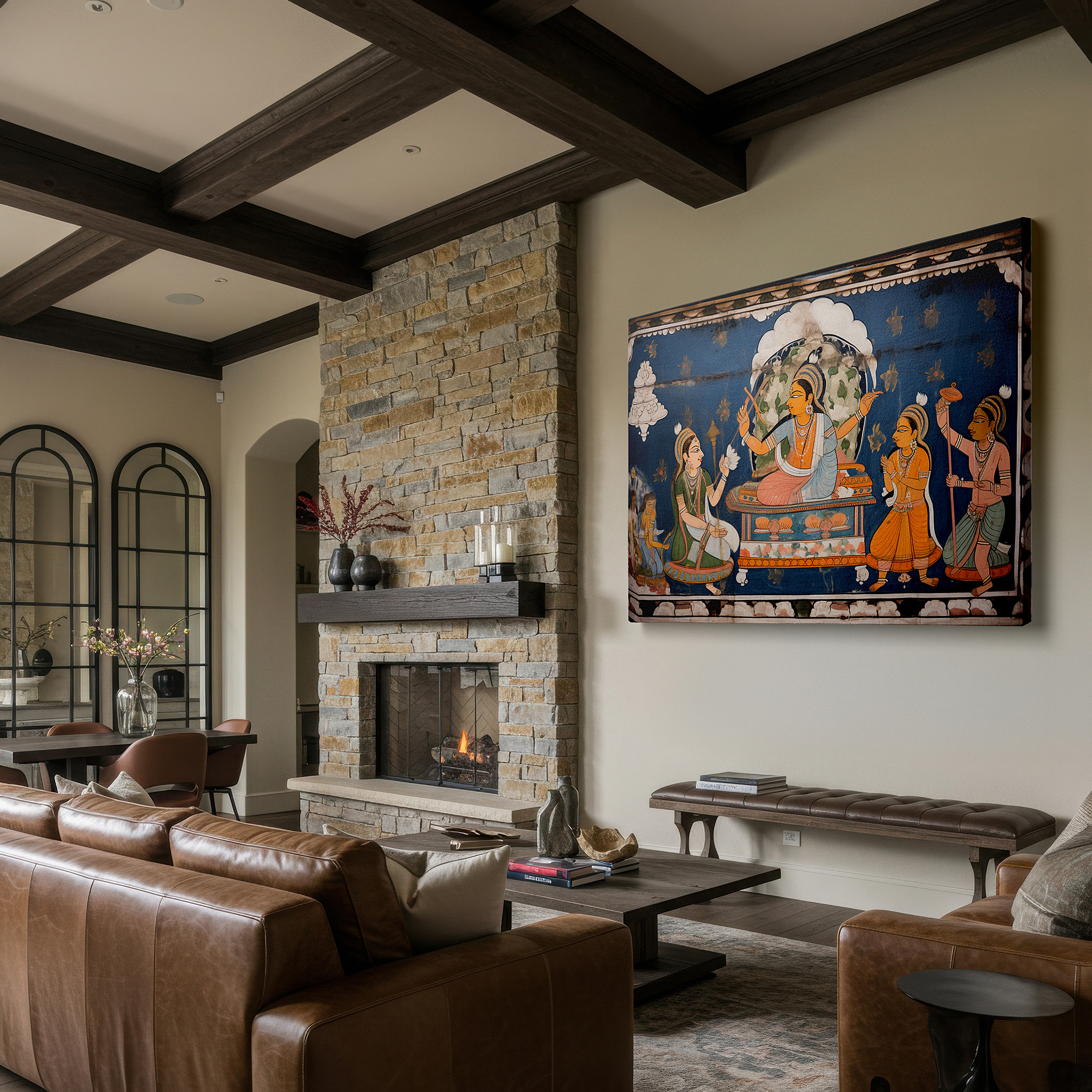 Framed by abstract decor and natural-toned accessories — mythological indian tapestry depicting the divine dance of creation and destruction, large canvas wall art for office and bedroom decor