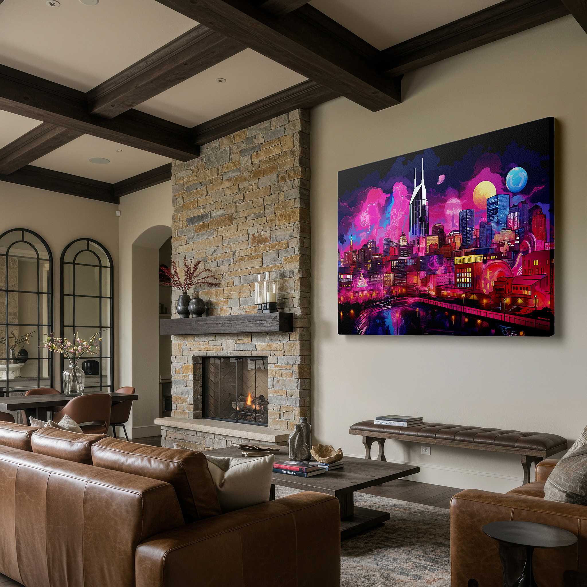 Framed by abstract decor and natural-toned accessories — neon brilliance: cosmic mysteries and futuristic cityscapes in large wall art for offices, bedrooms, and living spaces